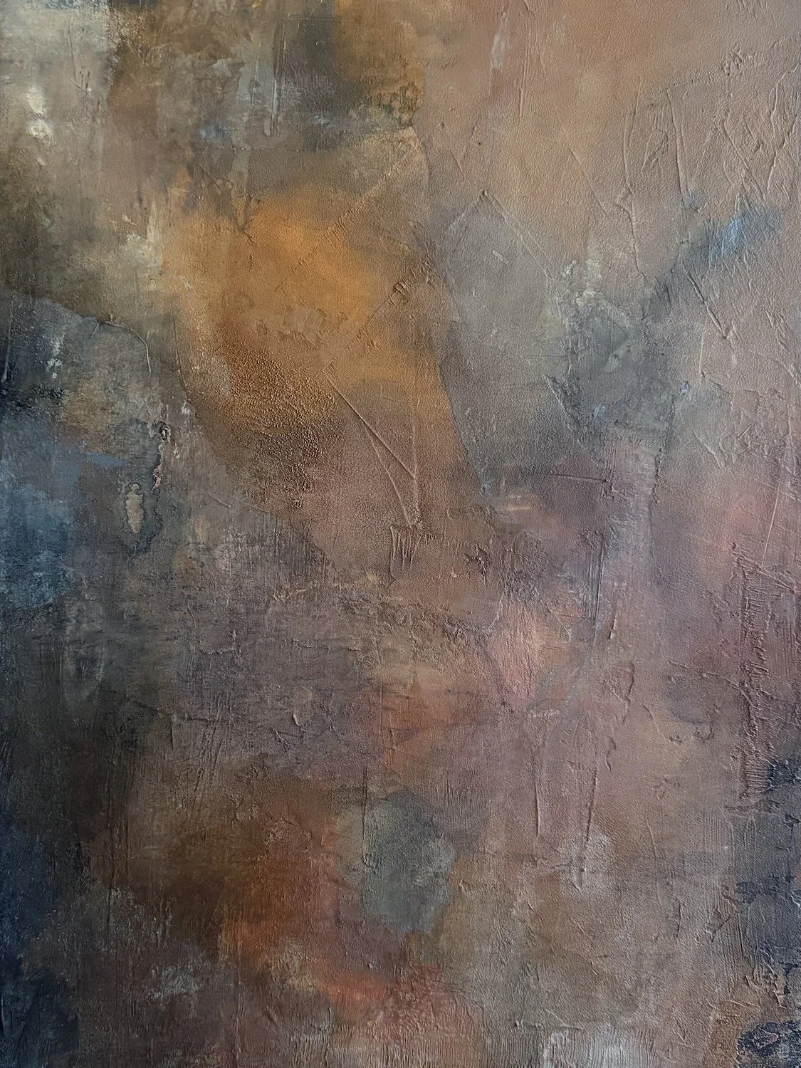 Close-up detail of What Remains showing layered paint, textured surface, and subtle color variation