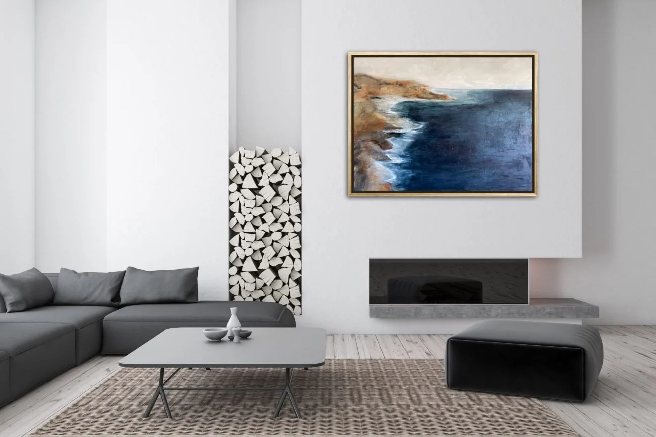 Abstract seascape painting by Melanie Biehle styled in a modern living room