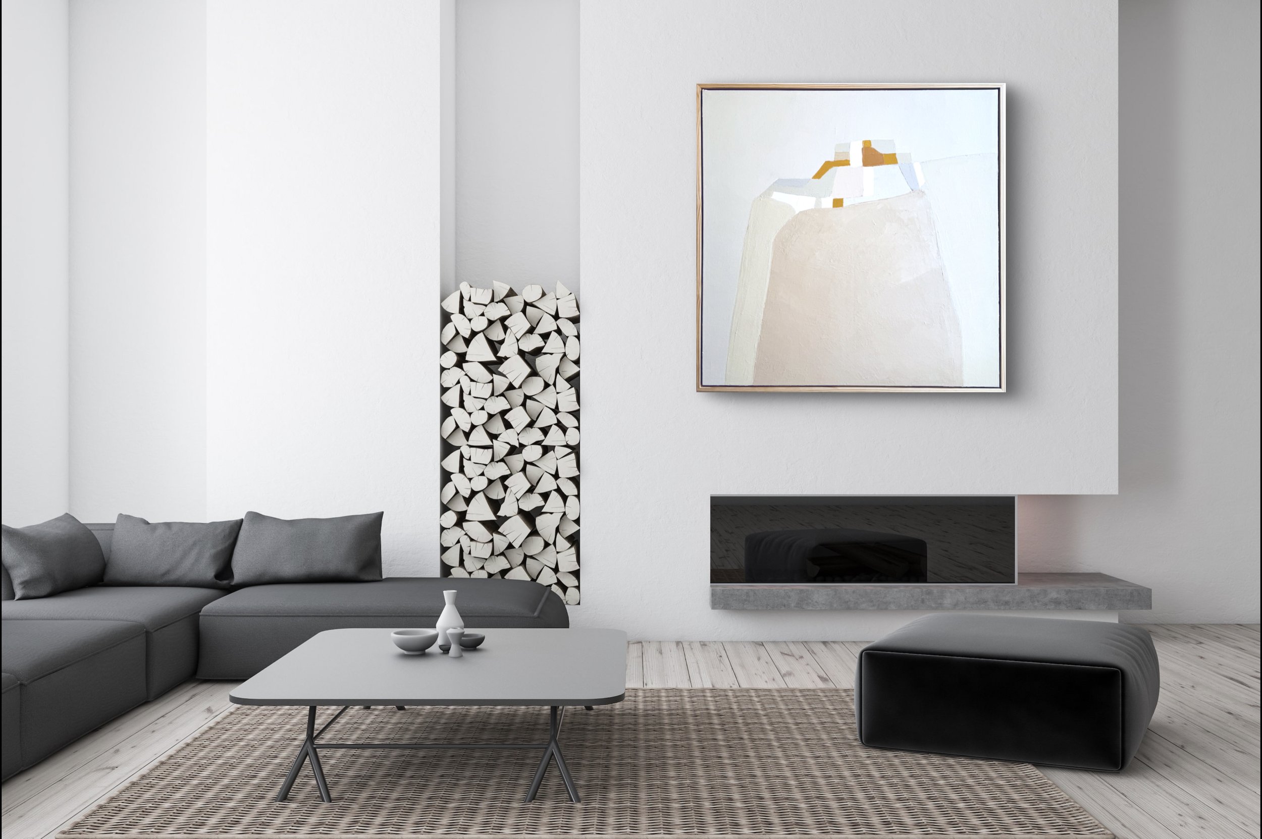 Worth the Trip in a sleek, modern living room with a fireplace, complementing the neutral tones and creating a balanced, tranquil atmosphere.