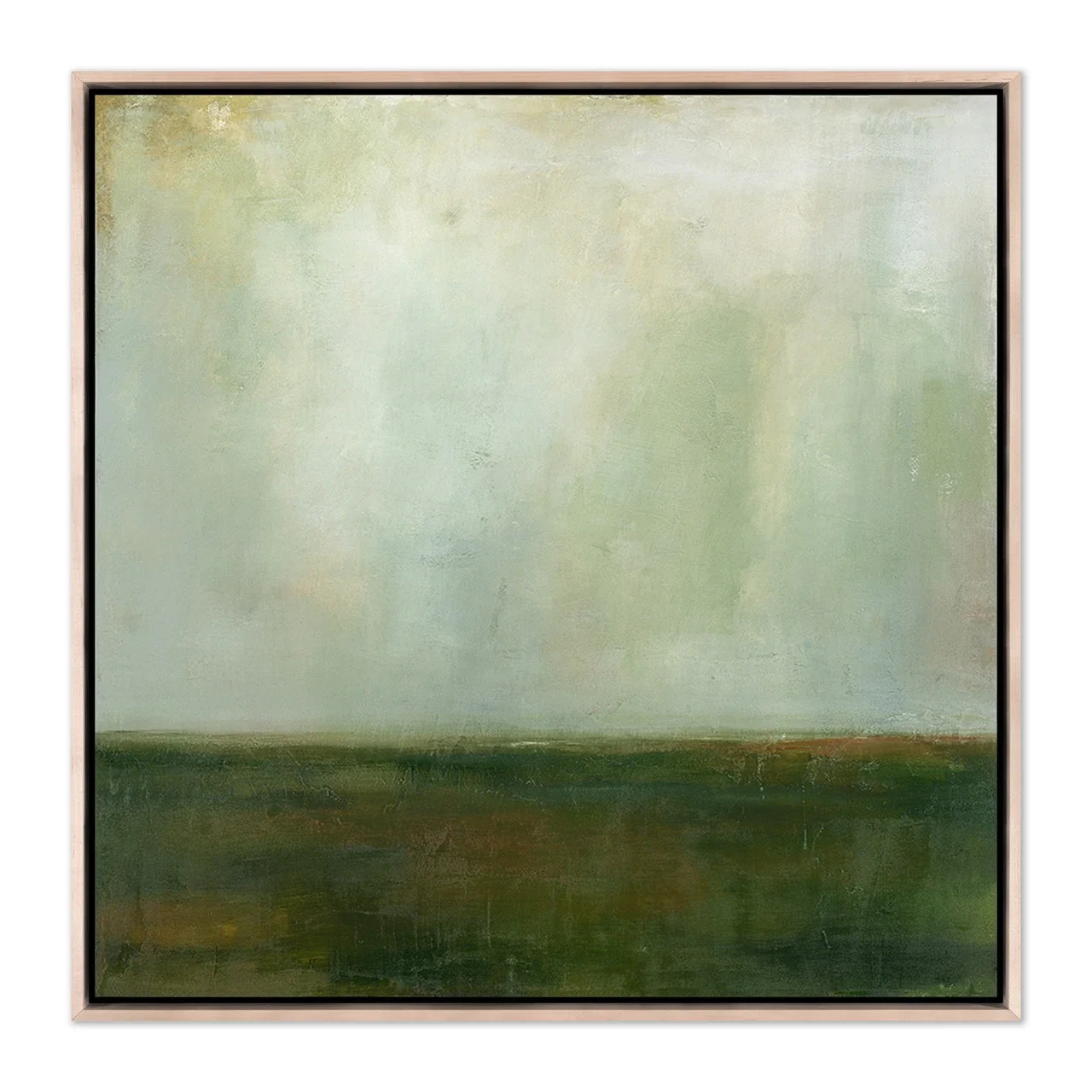 Allow abstract landscape art print by Melanie Biehle, featuring soft sage and pale green above a deep forest green horizon, in a natural wood float frame.