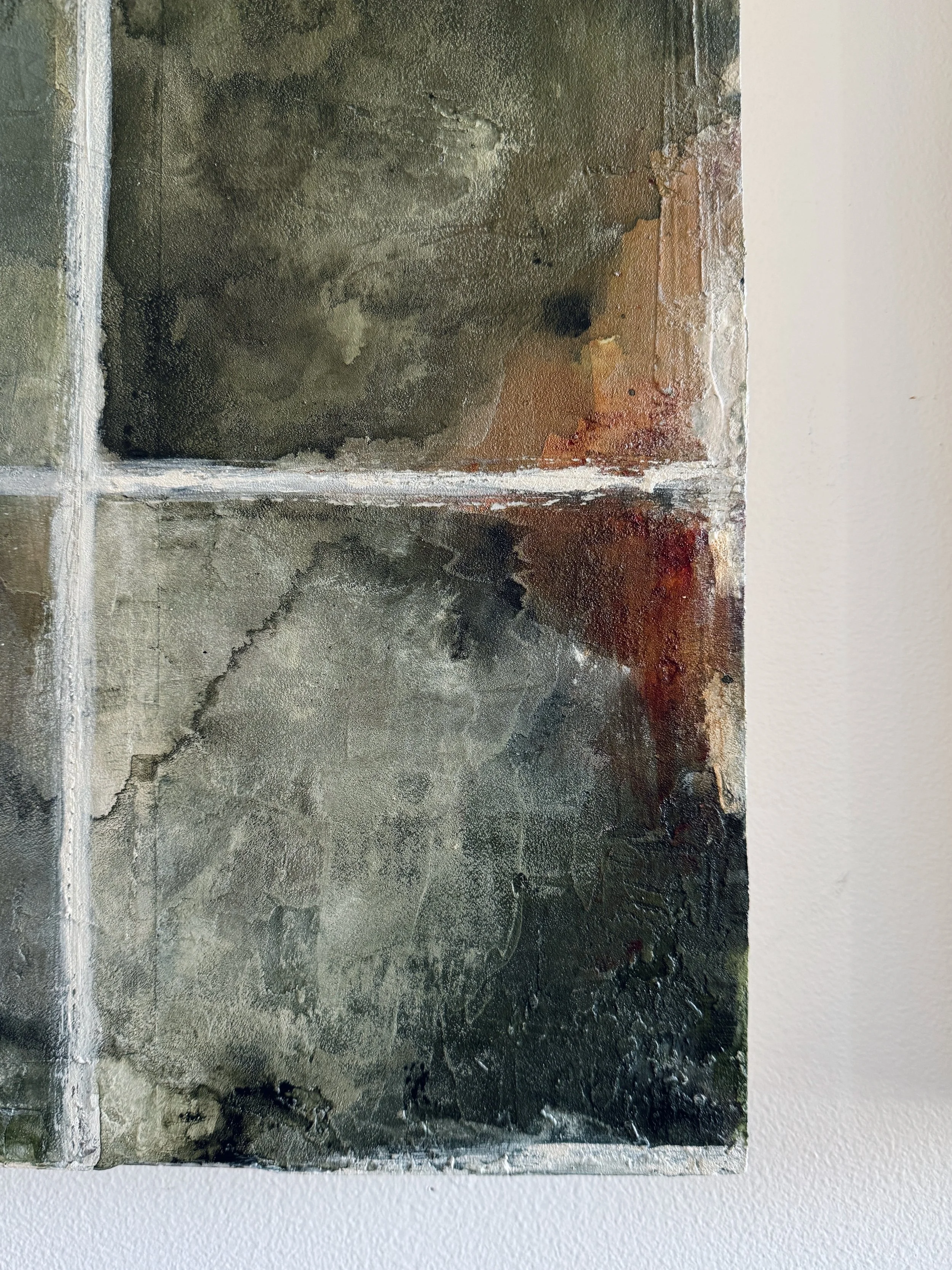 Close-up of Inhabiting Time No. 1 showing weathered texture, earthy green, gray, ochre, rust, and irregular white grid lines.