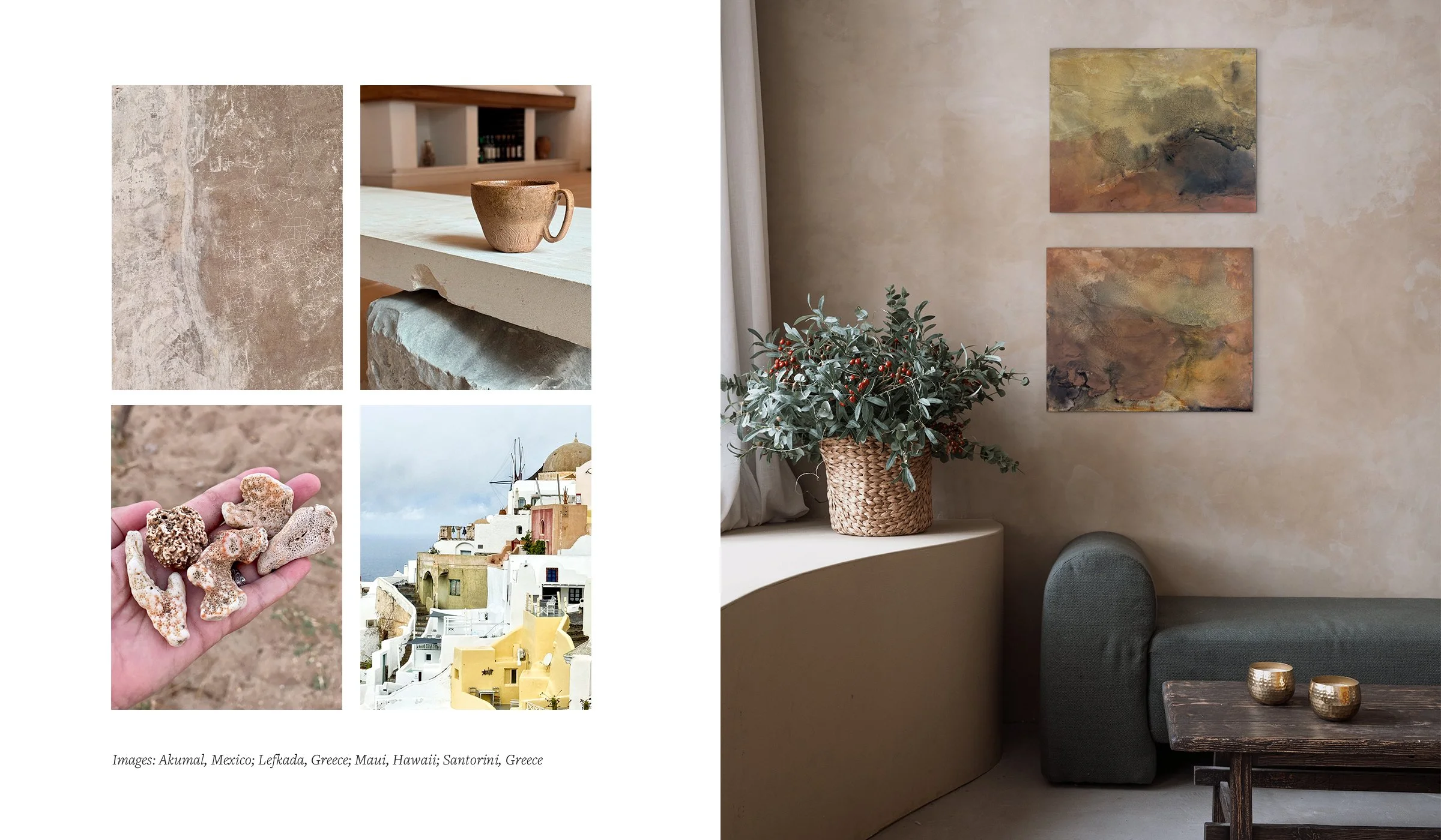 Worn wall textures, ceramic surface, shells in hand, and coastal architecture photographed during travel in Mexico, Greece, and Hawaii, and two abstract paintings from the Patina series.