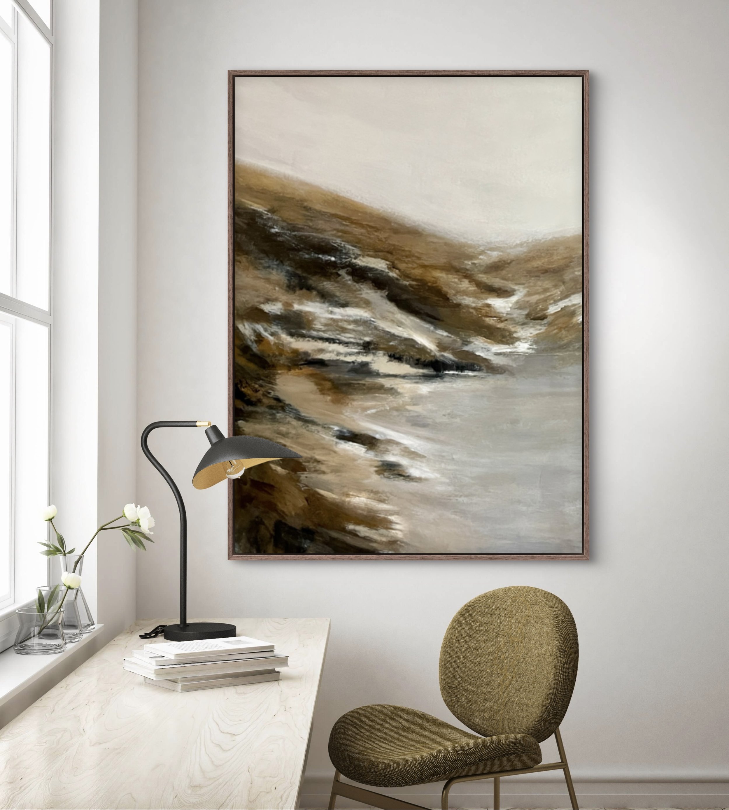 Wintering artwork bringing warmth and serenity to a modern home with clean lines and minimal décor.