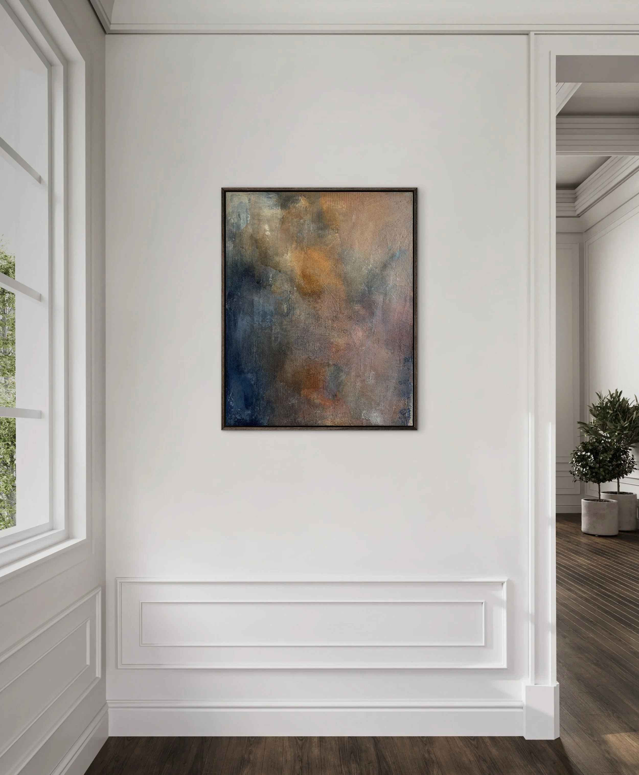 Abstract painting What Remains by Melanie Biehle displayed in a neutral interior setting with soft natural light