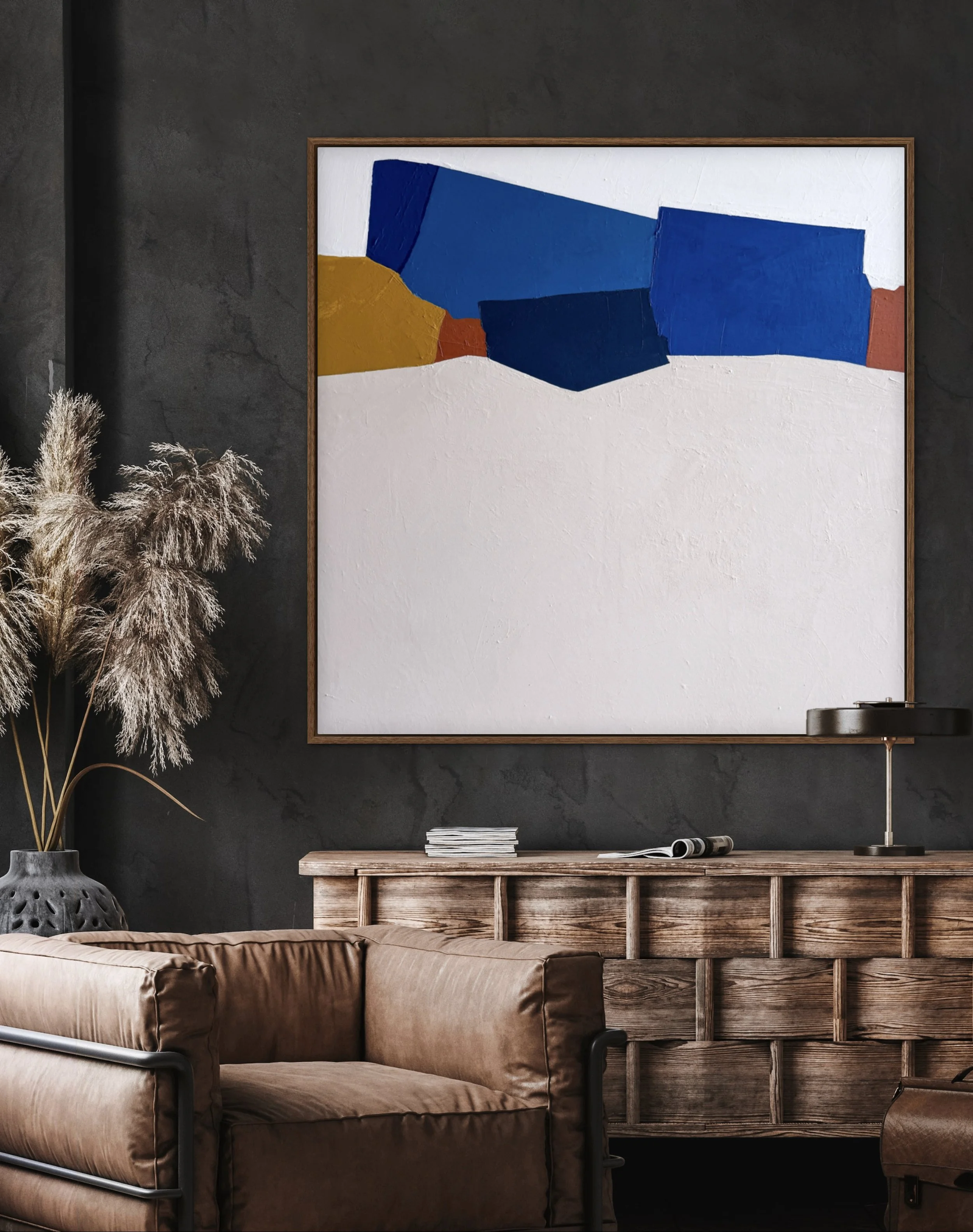 Abstract painting "Waking Up" by Melanie Biehle staged in a dark, moody office interior with deep-toned walls and wood furnishings