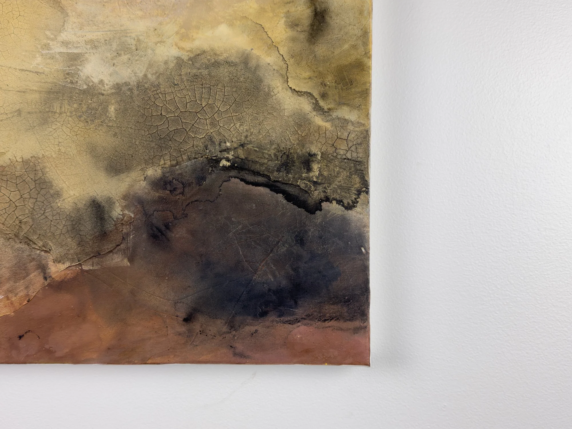 Crack patterns, textured surface, and warm neutral tones of Traces of Discovery, an abstract painting by Melanie Biehle