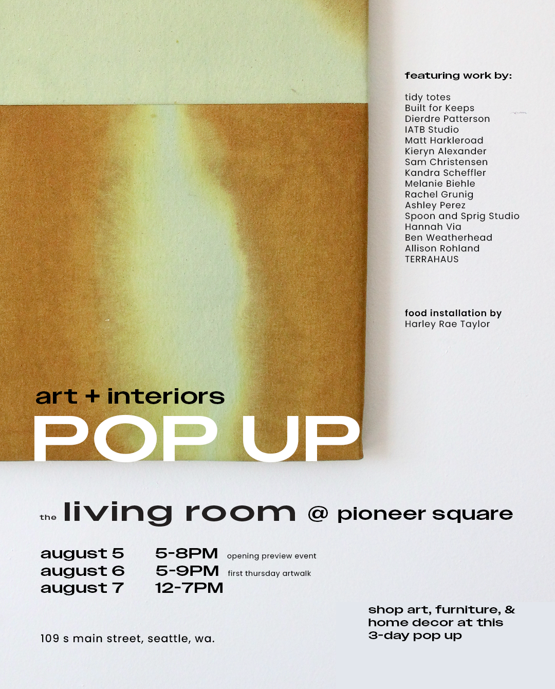 Summer 2026 pop-up for The Living Room in Pioneer Square in Seattle.