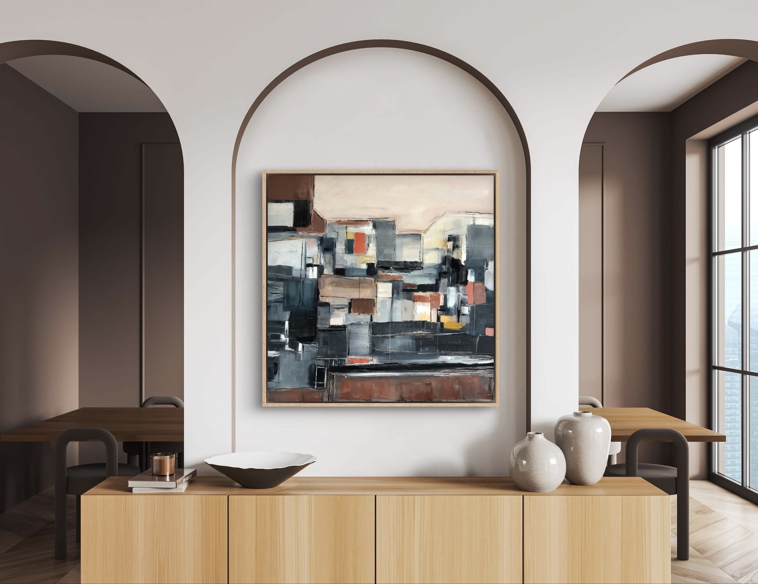 Moody abstract cityscape oil painting by Melanie Biehle