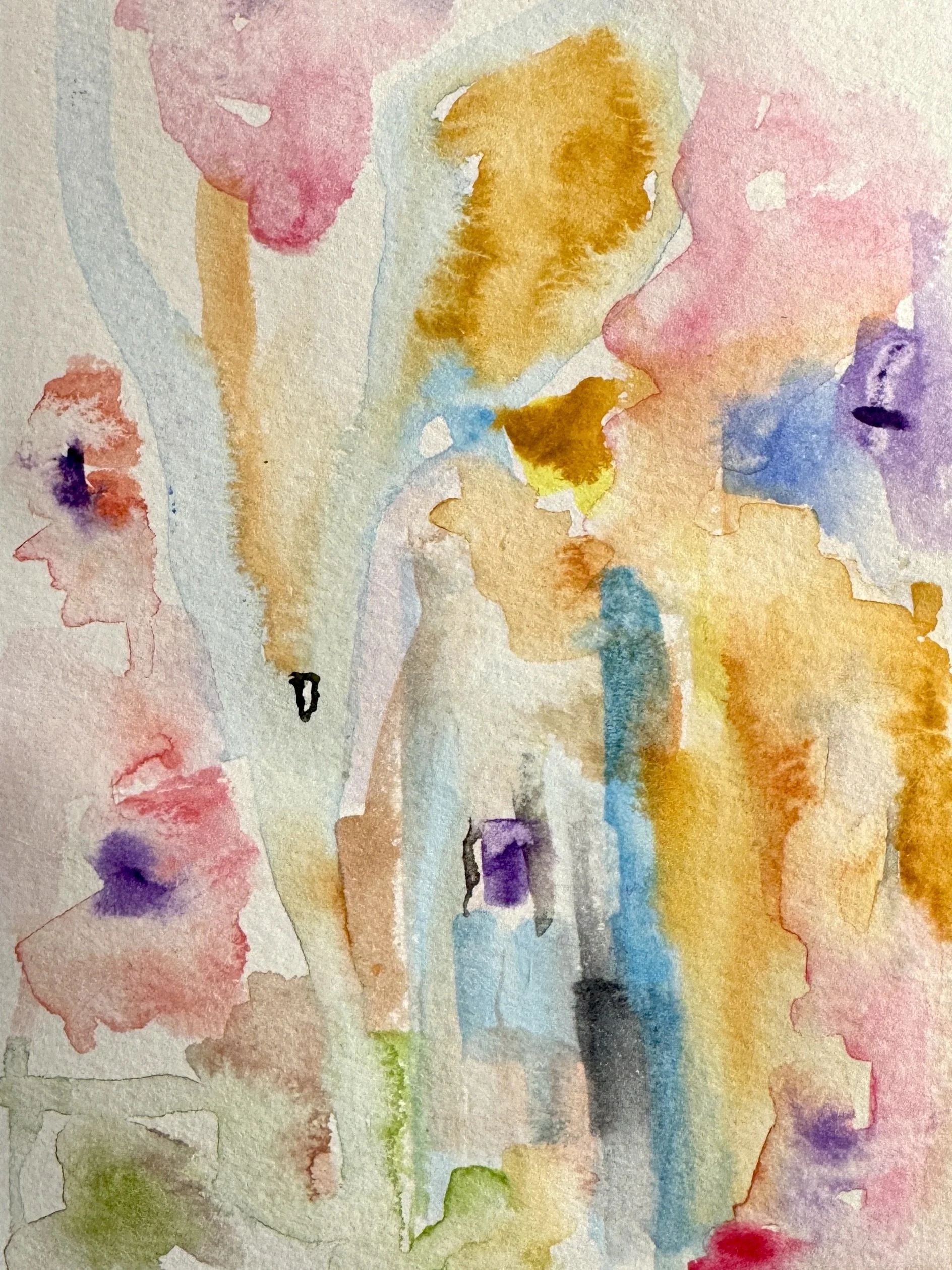 Abstract watercolor study in soft pink, ochre, blue, green, and violet by artist Melanie Biehle.