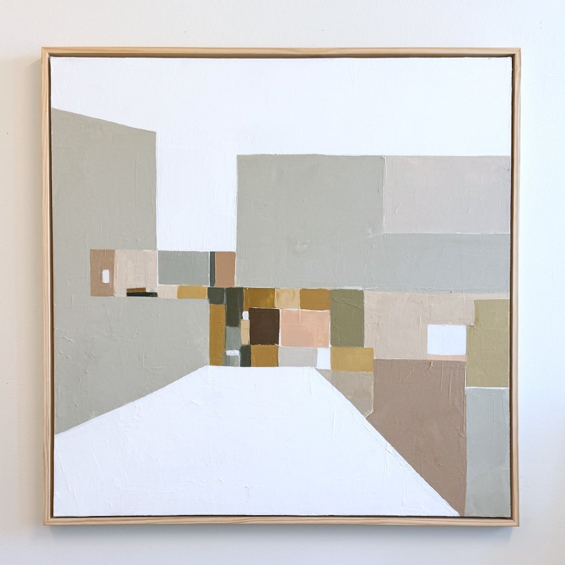 The Comfort of Structure is a meditation on balance — the way geometric forms create a sense of structure while light texture and warm neutrals invite ease. Inspired by modern architecture, this painting explores the interplay of order and openness, 