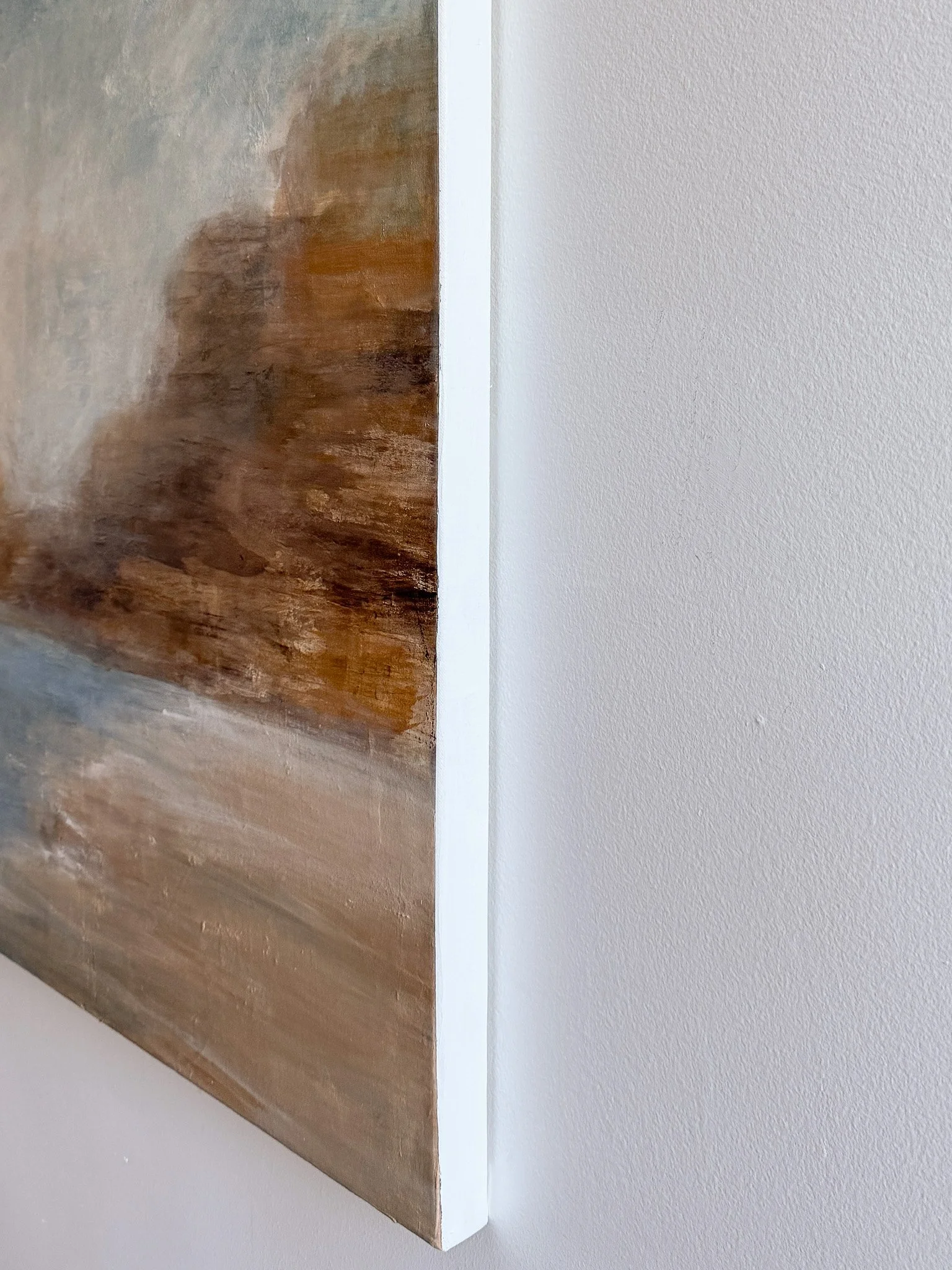 Side detail of Where I Find Myself showing layered paint and canvas edge