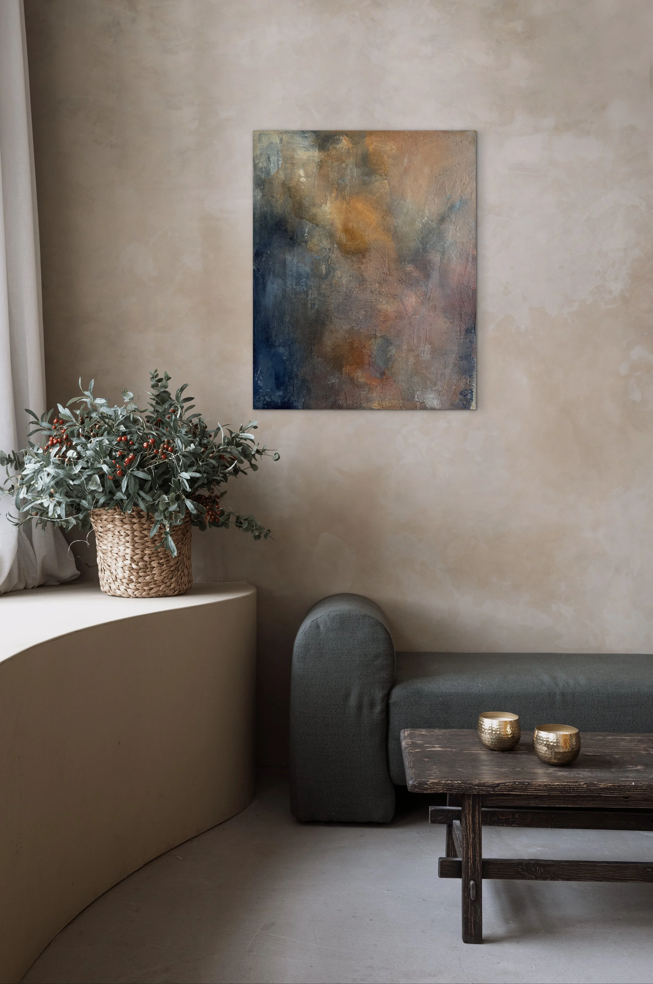 Abstract painting What Remains by Melanie Biehle styled on a lime wash wall