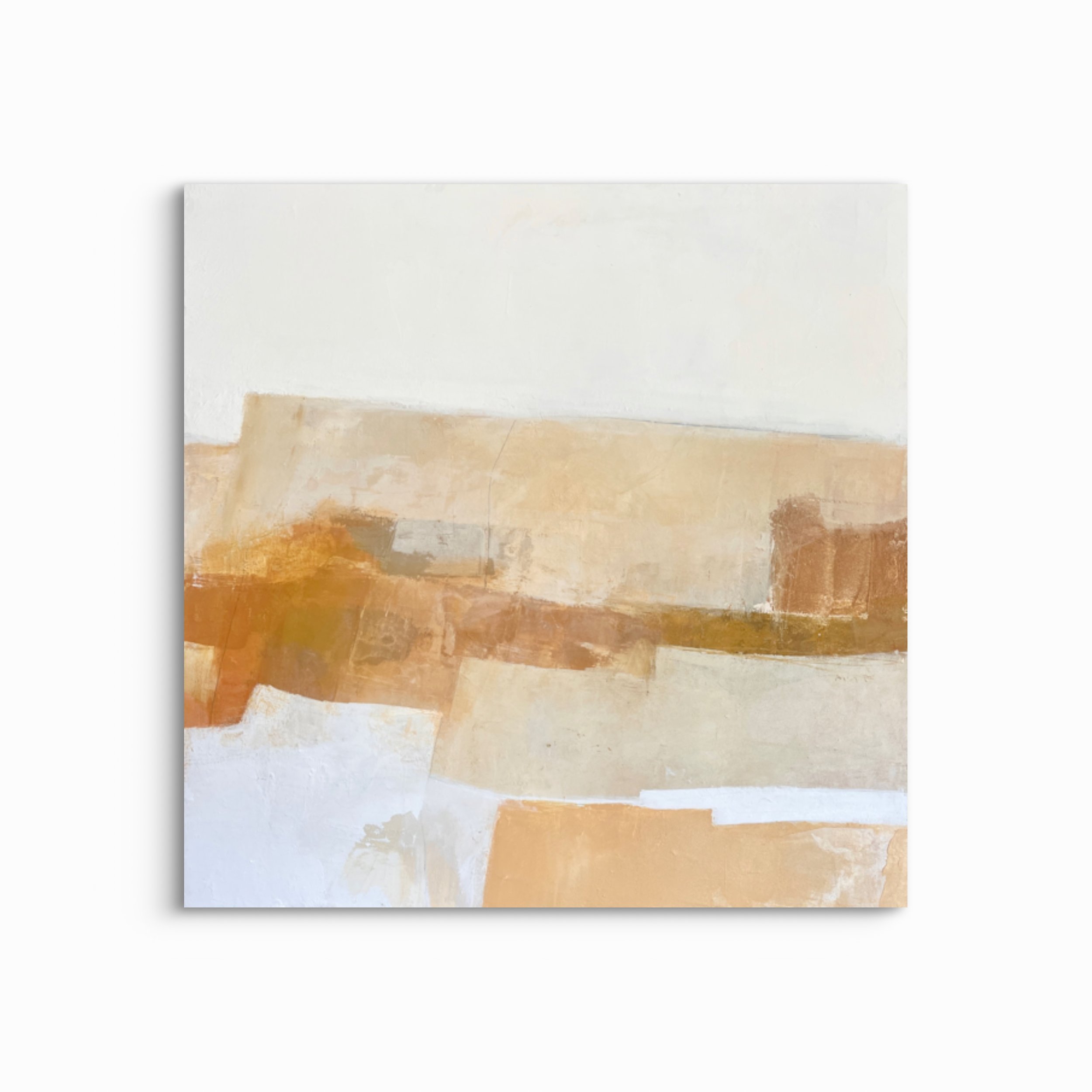 Minimalist abstract artwork with organic, textured shapes in earthy shades of terracotta and white, inspired by canyon vistas.