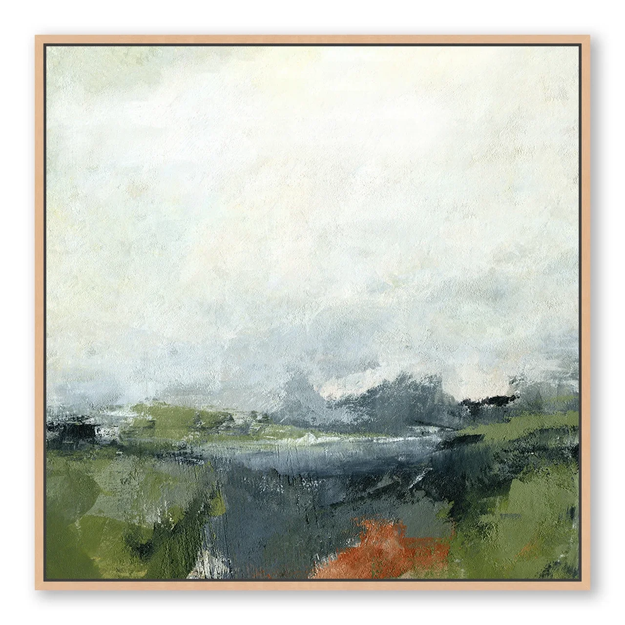 Escape abstract landscape art print by Melanie Biehle, featuring expressive brushstrokes in deep green, slate blue, and muted rust beneath a pale, cloudy sky, in a natural wood frame.