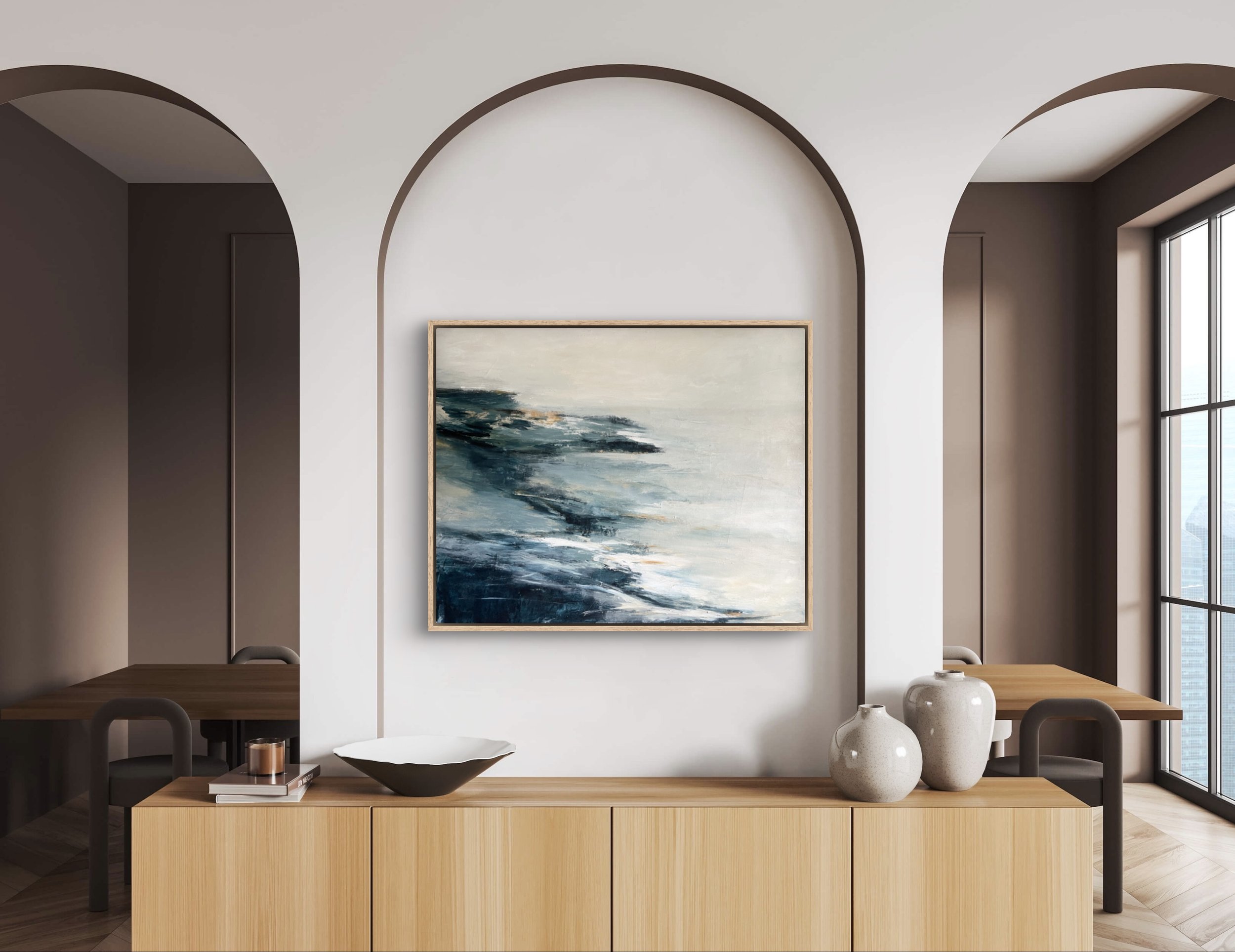 Abstract seascape painting Coastal Dreams, featuring calming ocean blues and soft whites, inspired by the serene energy of the sea.