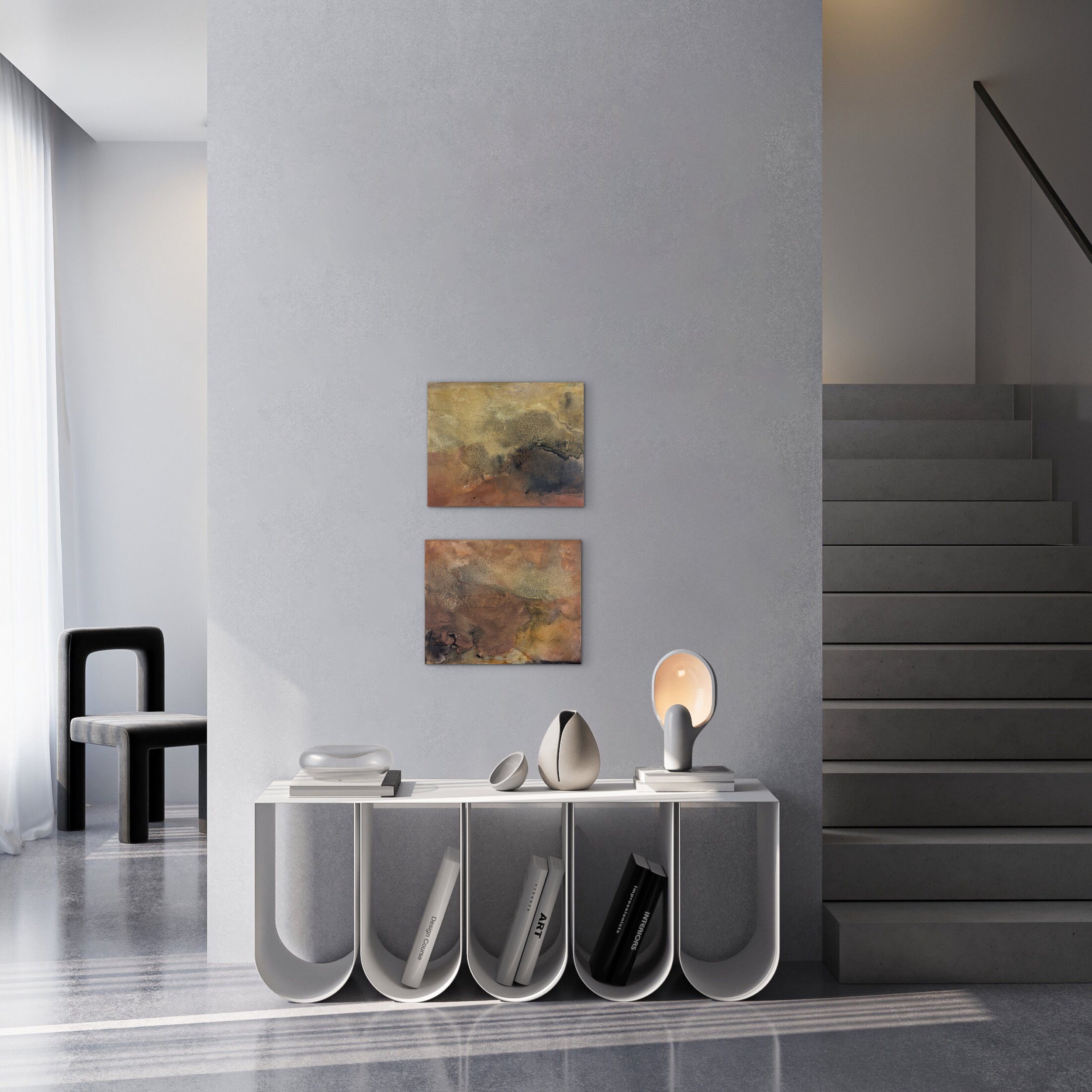 Two abstract paintings from the Patina series by Melanie Biehle displayed in a warm-toned interior with textured plaster walls