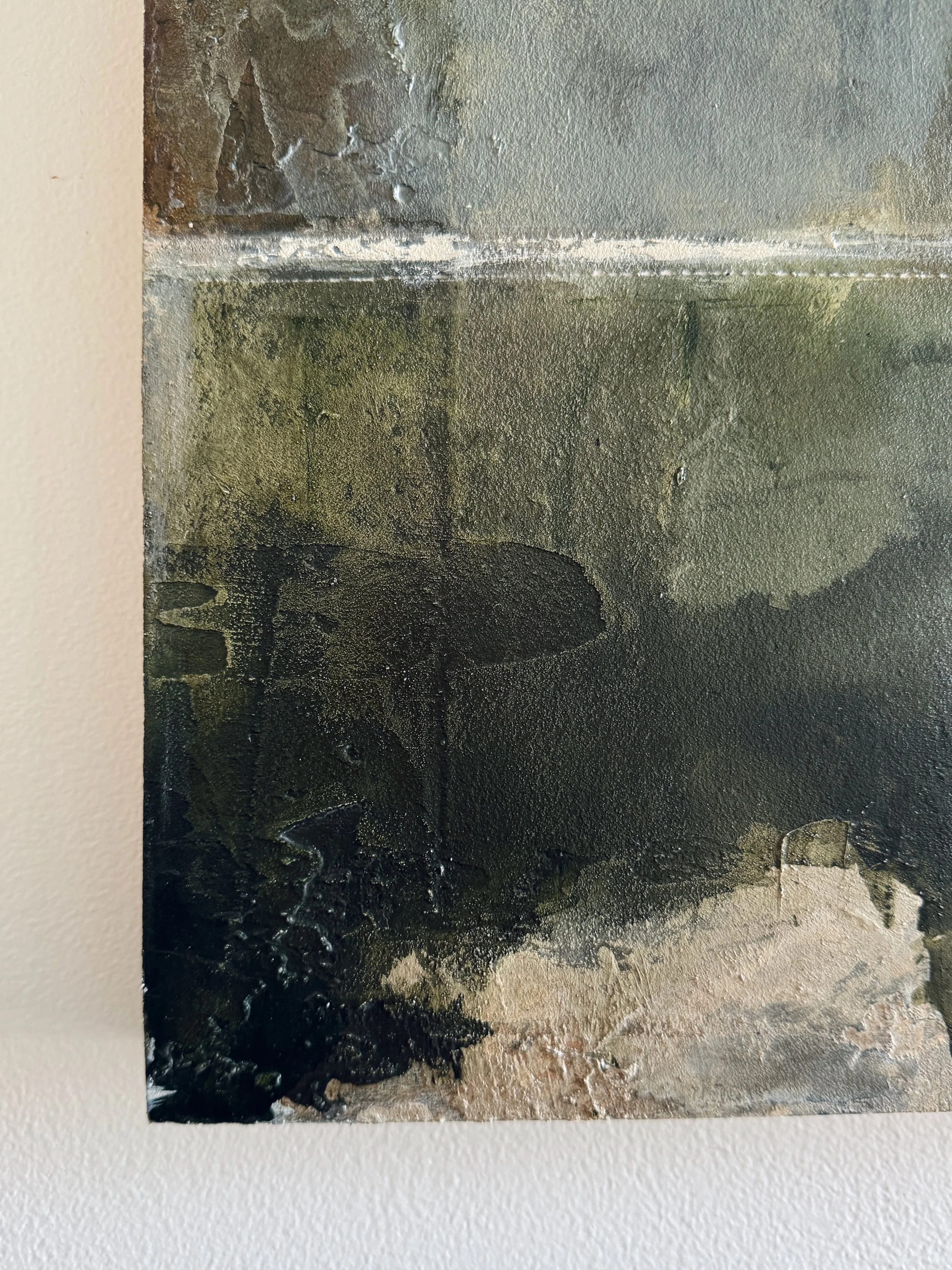 Close-up of Inhabiting Time No. 2 showing layered olive green, charcoal, cream, and heavily textured painted surfaces.