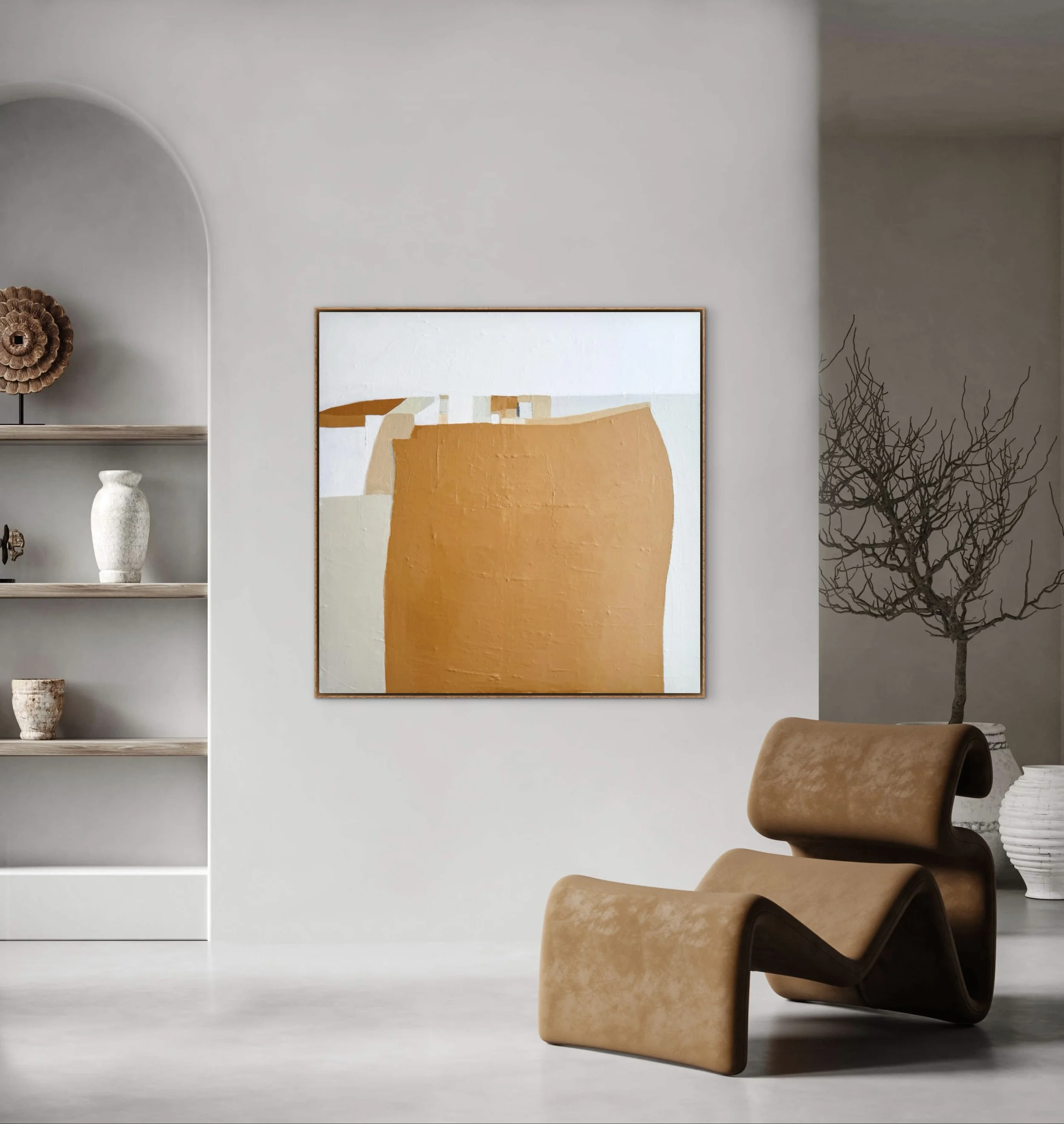 Spaciousness of Time painting, adding depth and texture to the minimal room’s atmosphere.