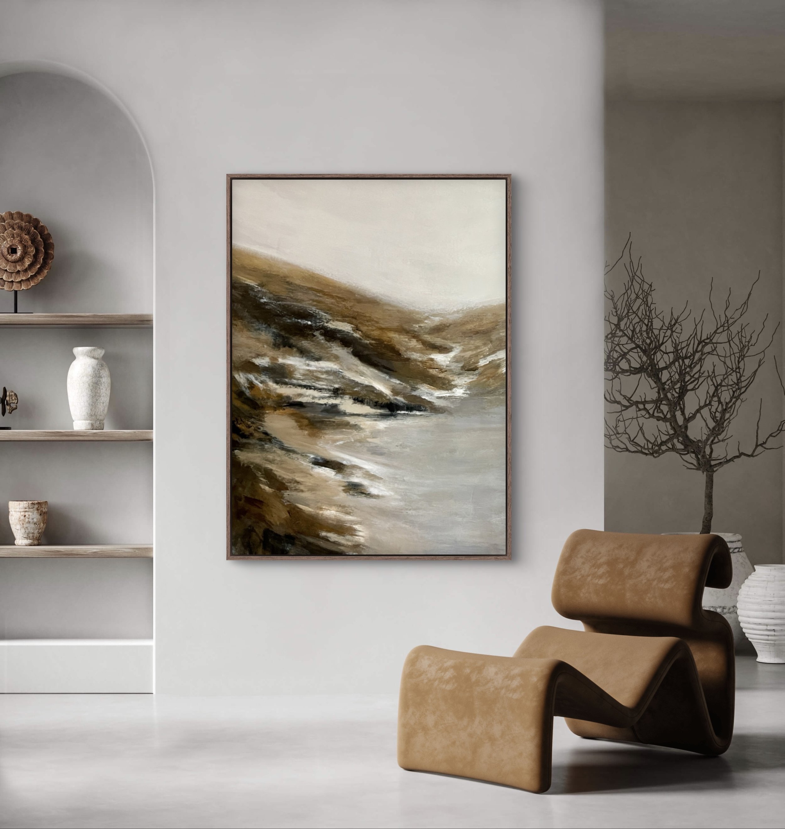 Abstract landscape painting Wintering in brown and gray tones, evoking the stillness of winter.