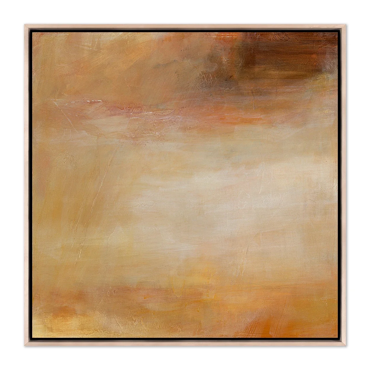 Coffee with a View abstract art print by Melanie Biehle, featuring soft peach, warm beige, caramel, and rusty orange tones in a natural wood float frame.