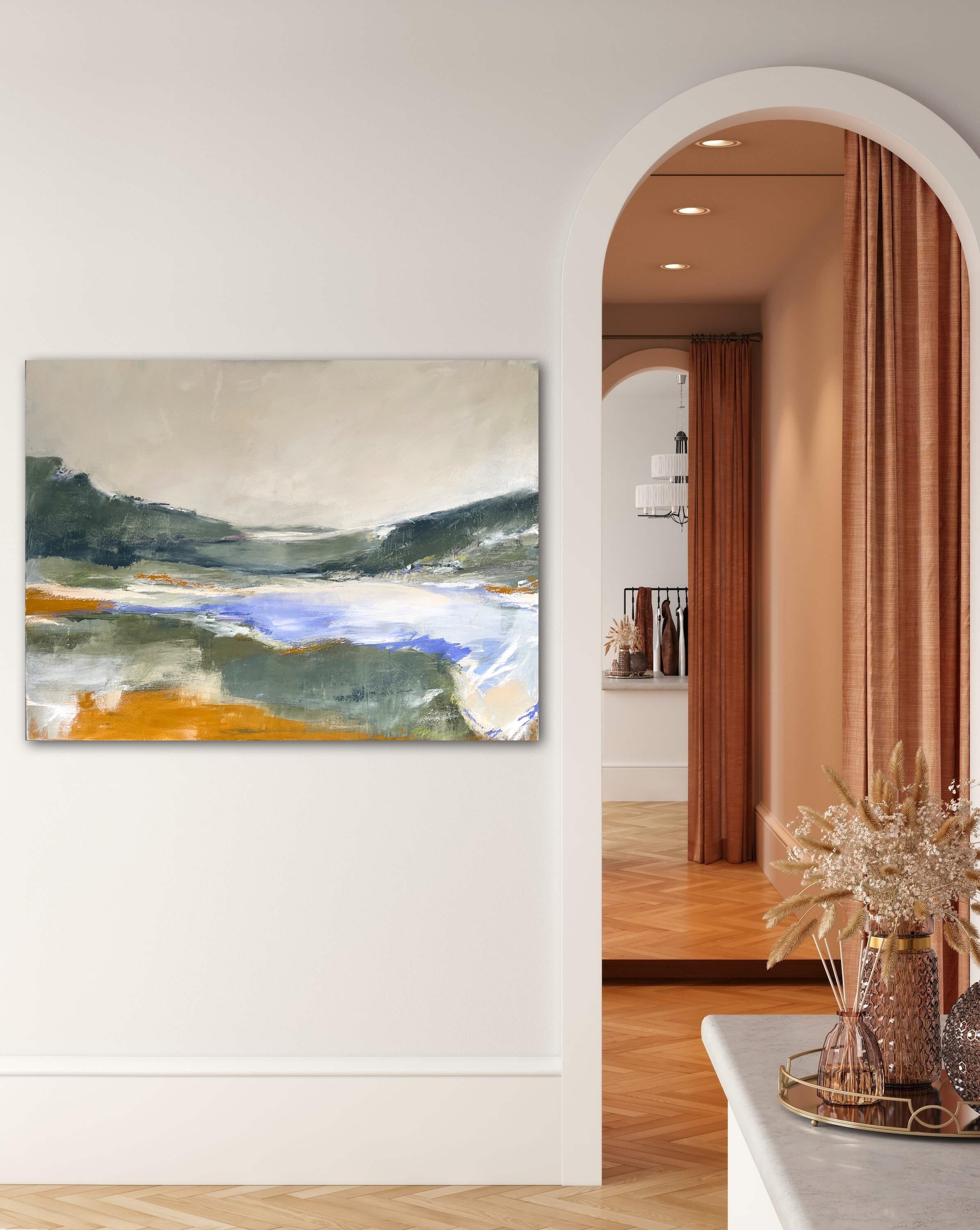 Oil painting Road Trip in a modern retail space, featuring calming greens, whites, and lavender—ideal for commercial and hospitality interiors.