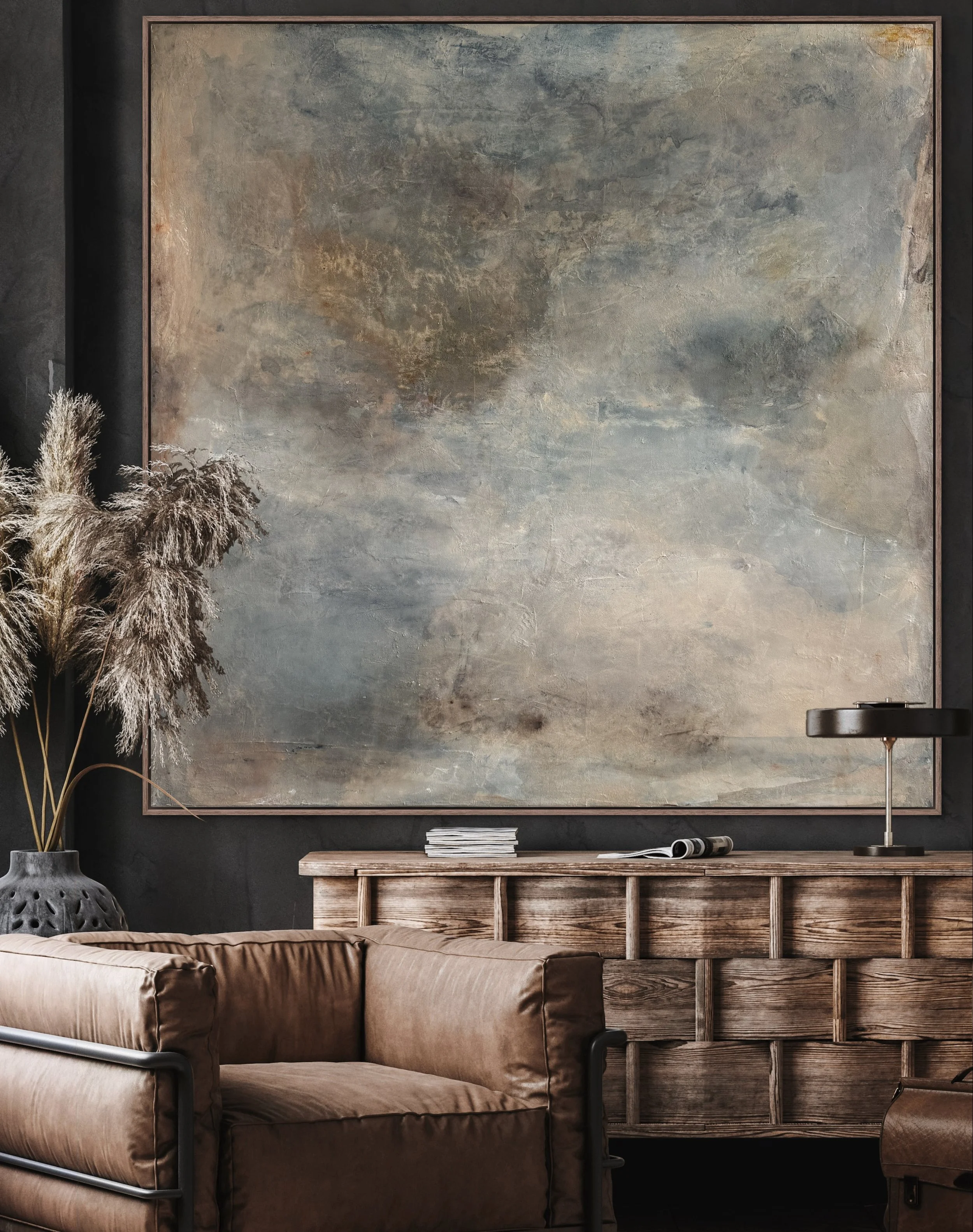 Wayfinder abstract seascape painting styled above a wooden console in a neutral interior