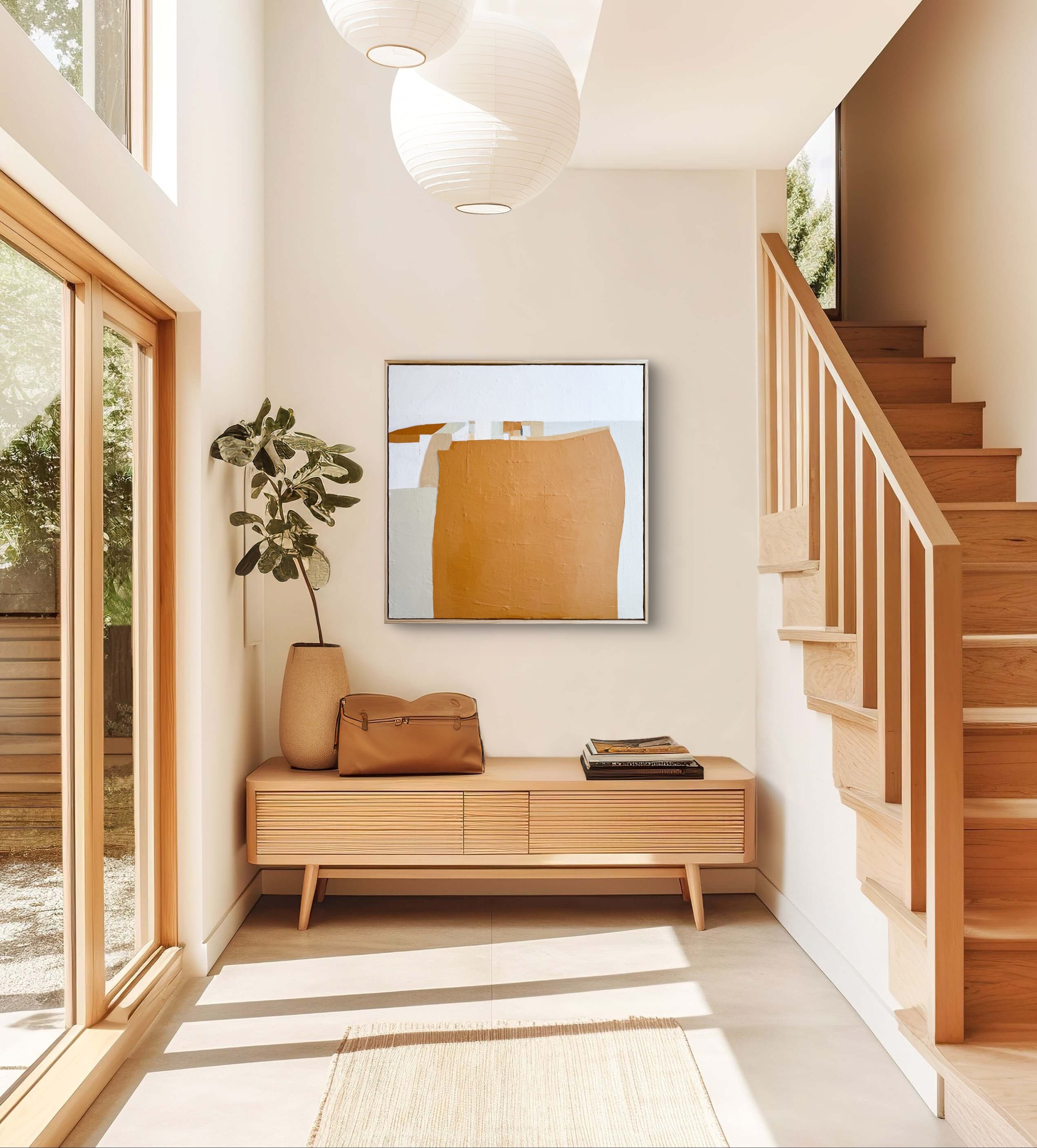 A contemporary living room with clean lines and neutral tones, showcasing the Spaciousness of Time painting.