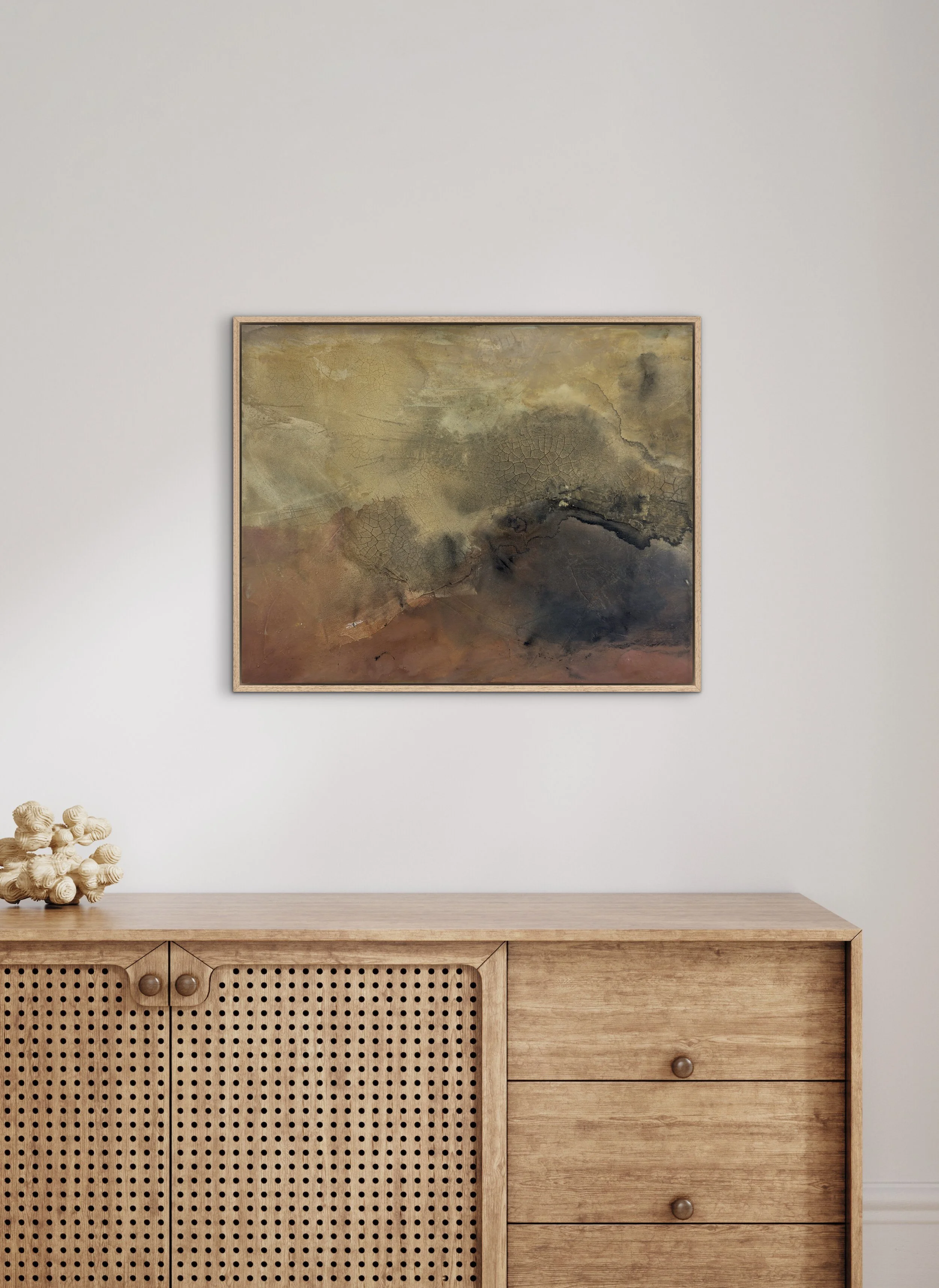 Abstract painting Traces of Discovery by Melanie Biehle displayed in a neutral interior setting