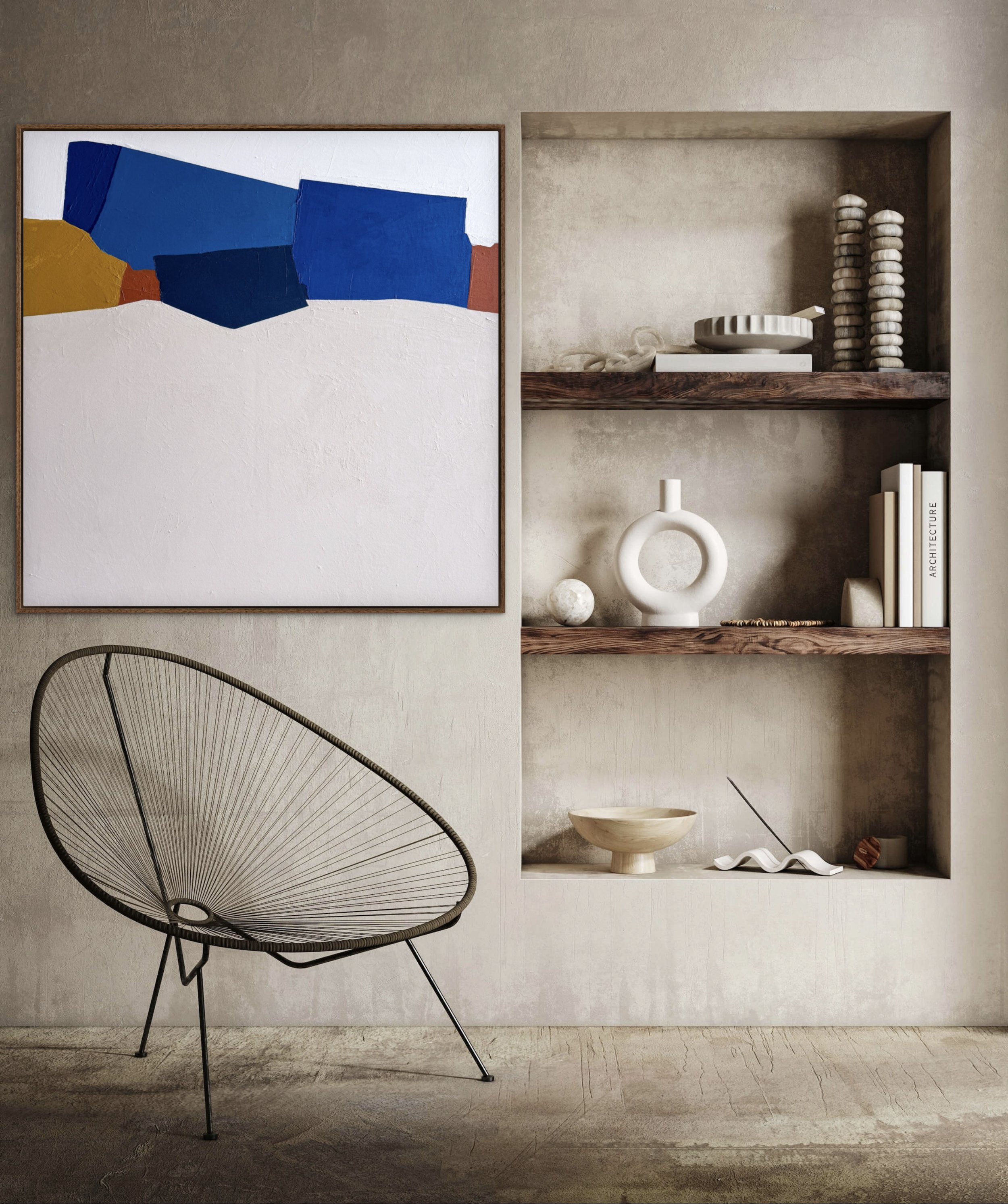 Abstract painting "Waking Up" by Melanie Biehle staged against a textured architectural wall with sculptural shelving