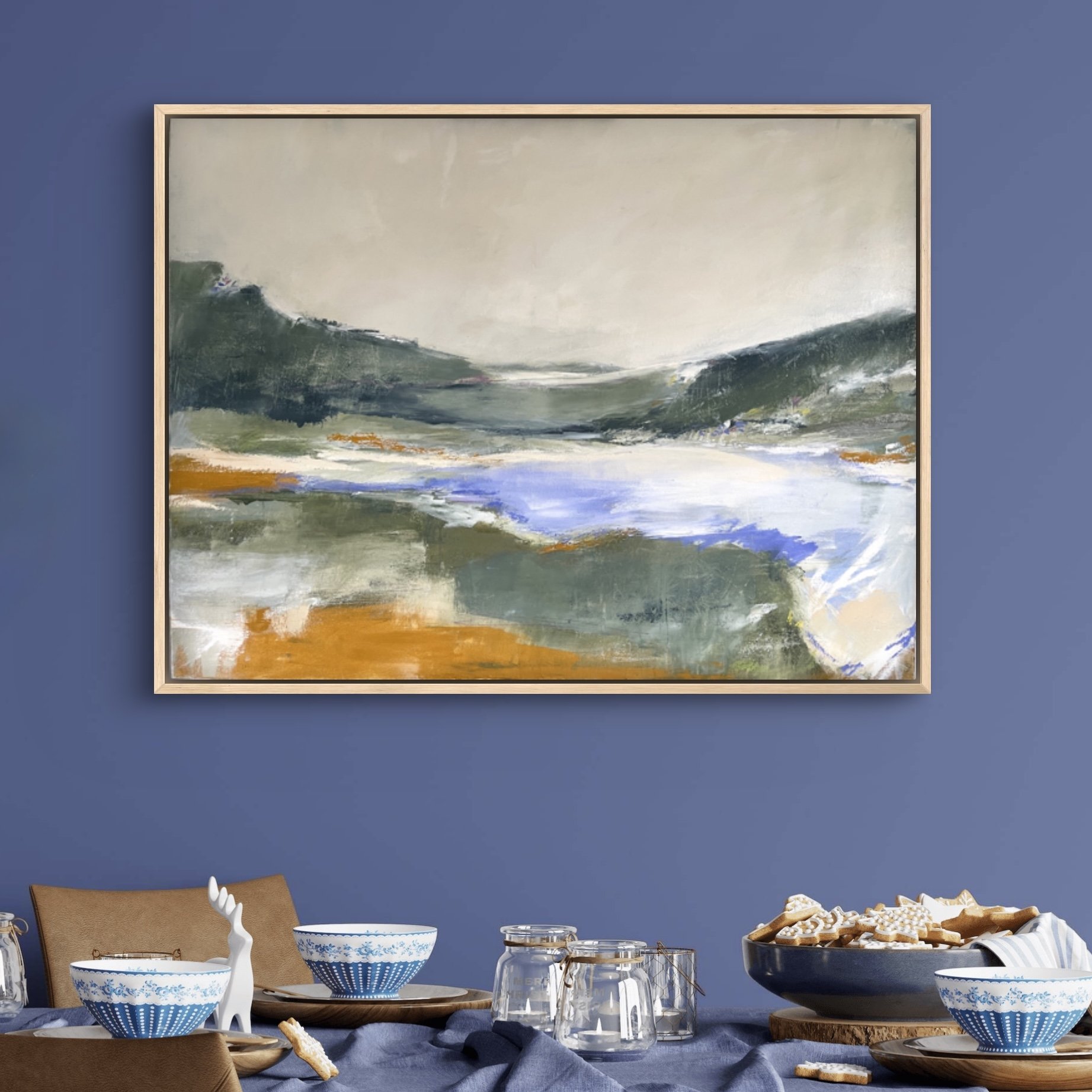 Abstract landscape painting of the central California coast with creamy whites, soft sage greens, and touches of lavender, evoking spring wildflowers.