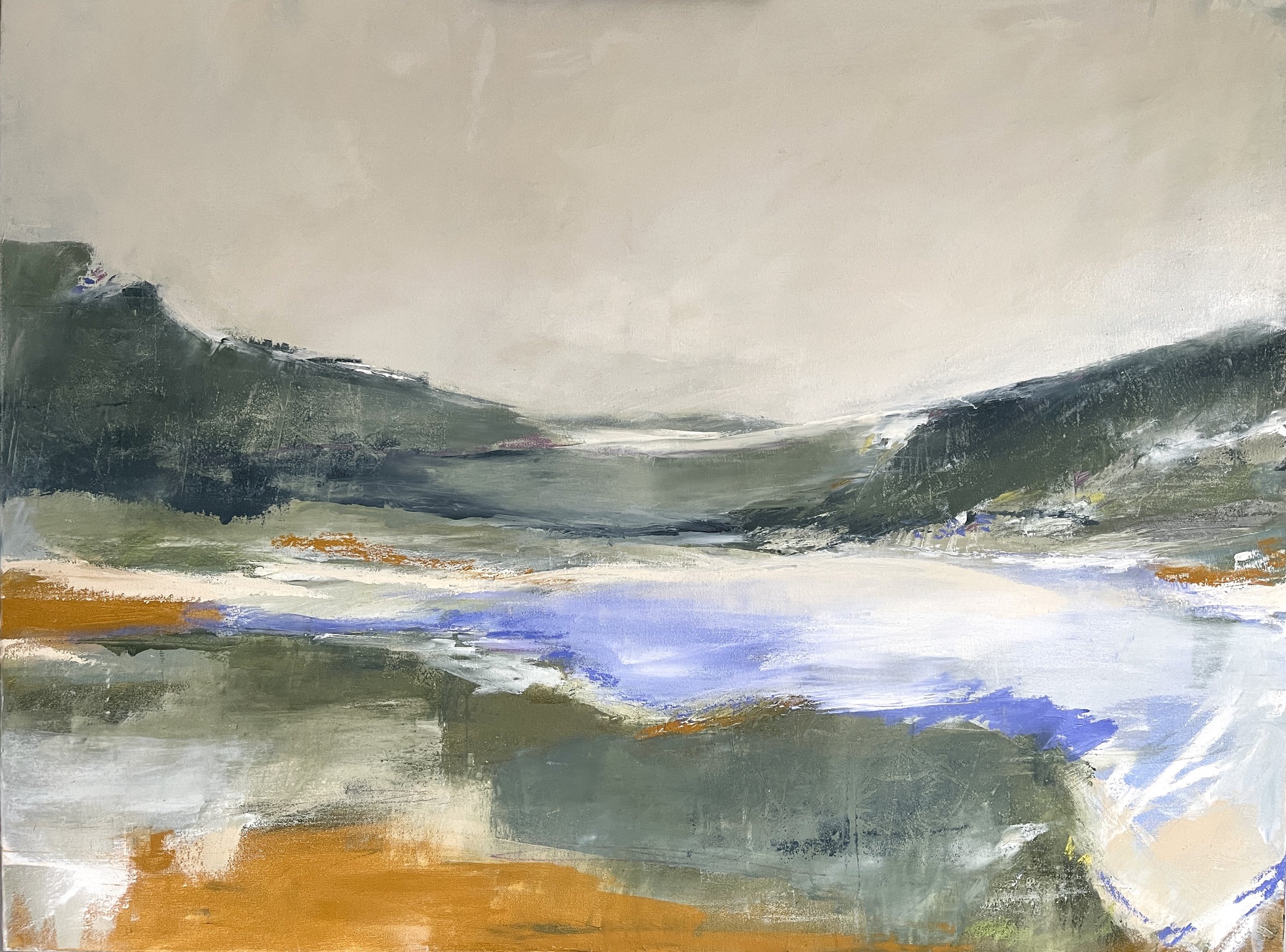 Serene landscape in shades of green, earthy tones, and lavender, inspired by the beauty of a spring day on the central California coast.