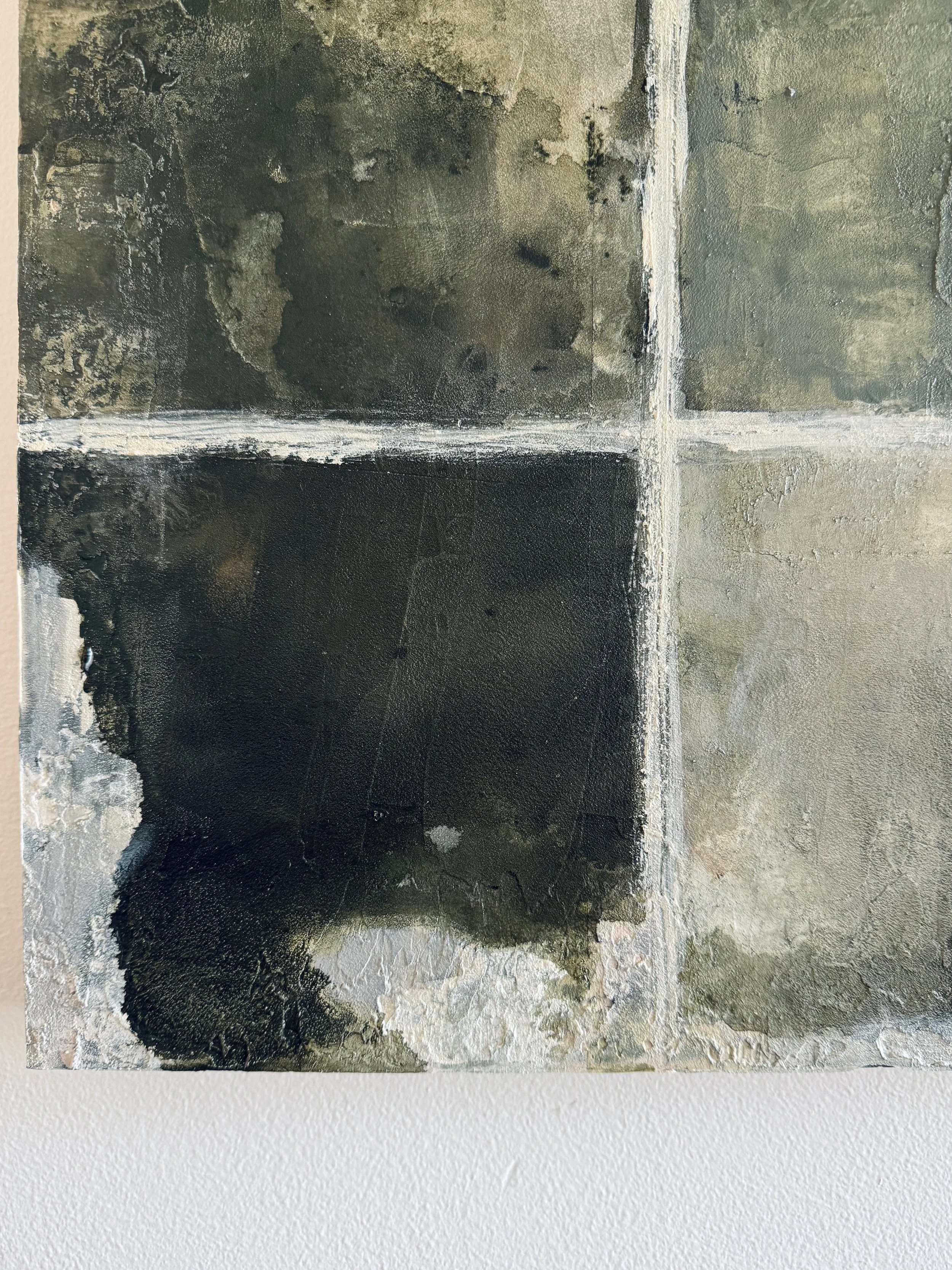 Detail of Inhabiting Time No. 1 showing layered limestone texture, dark green and charcoal paint, and hand-drawn grid lines.