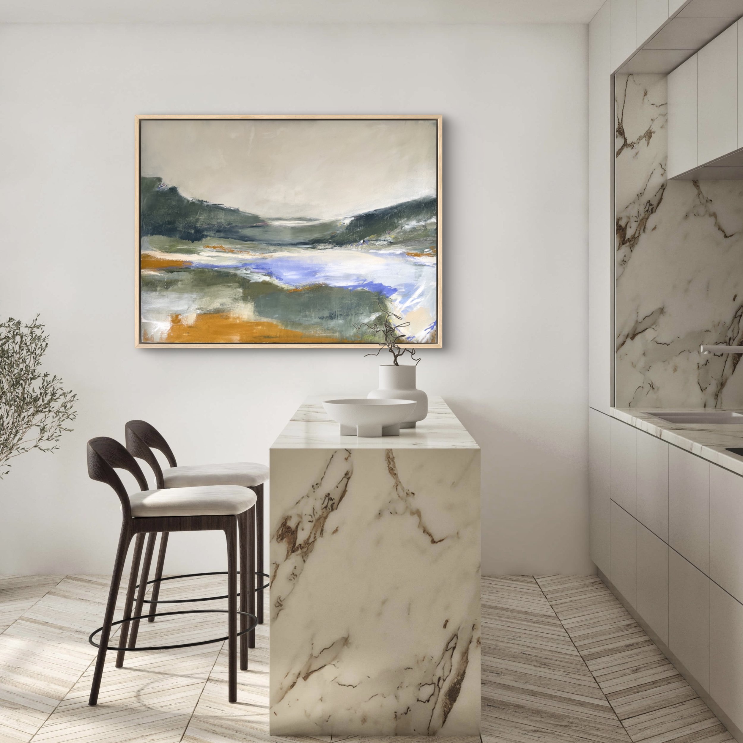 Oil painting of a springtime California coast, blending creamy whites, sage greens, and lavender to create a soothing, natural atmosphere.