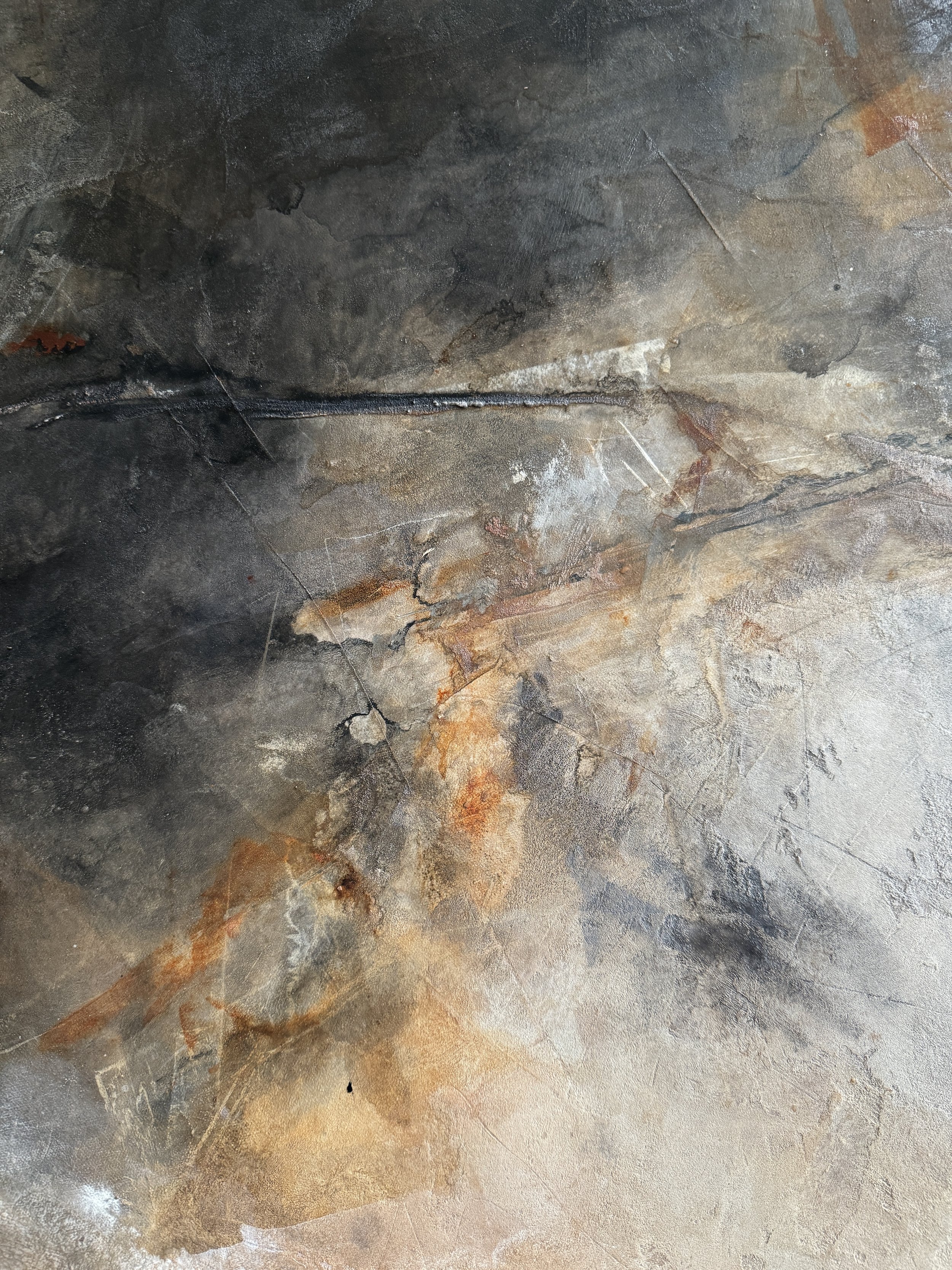 A section of a painting in progress by Melanie Biehle. Textures and colors that feel like nature.