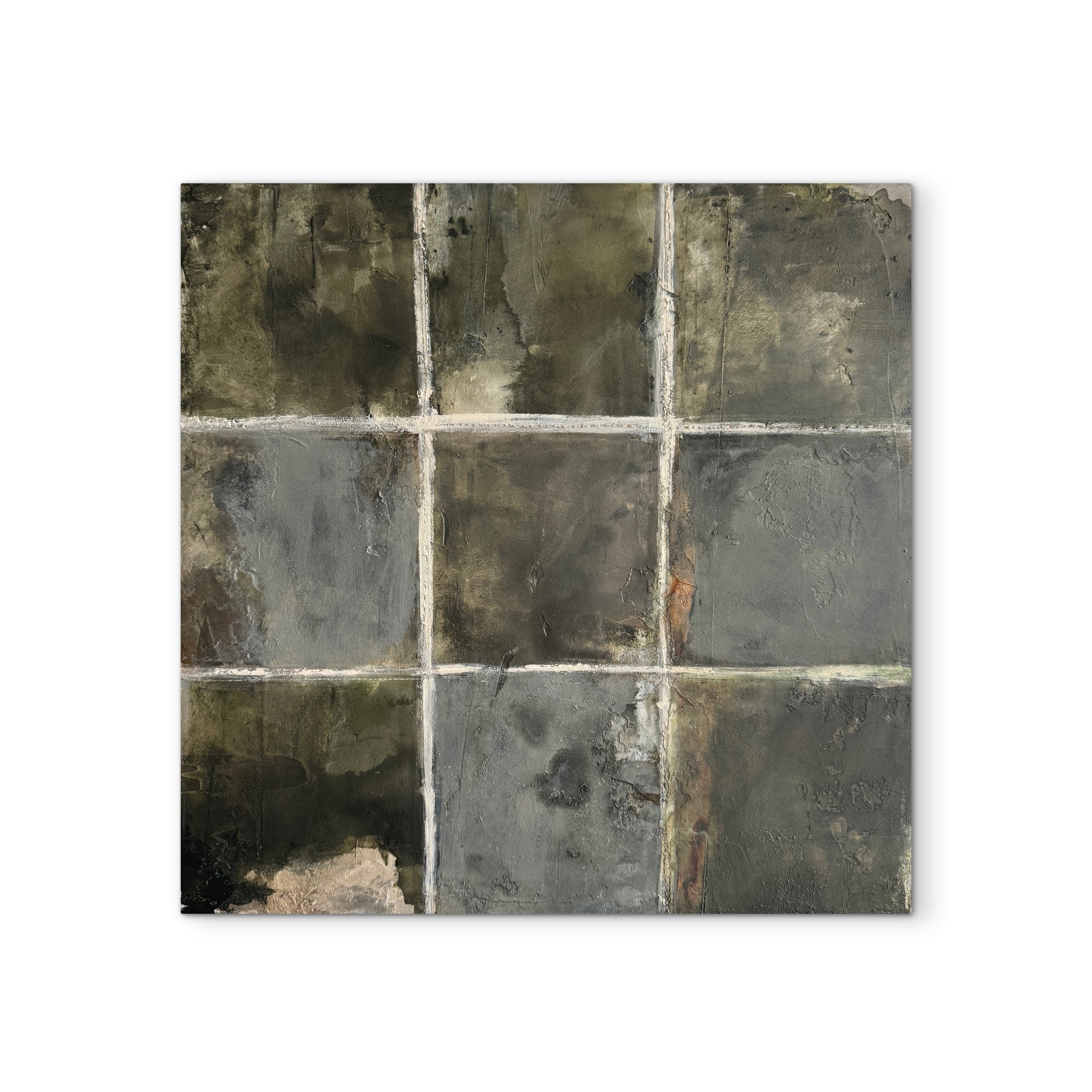 Inhabiting Time No. 2, a square abstract painting with an imperfect grid, layered olive green, charcoal, stone gray, cream, and rust.