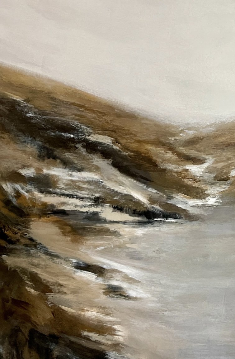 Close-up view of Wintering, showcasing soft brown and gray tones in an abstract composition.