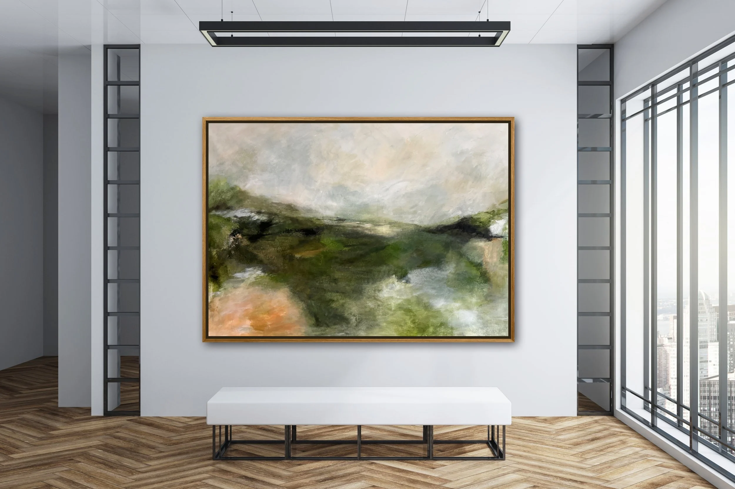 Large abstract painting by Melanie Biehle installed in a modern commercial interior with natural light.