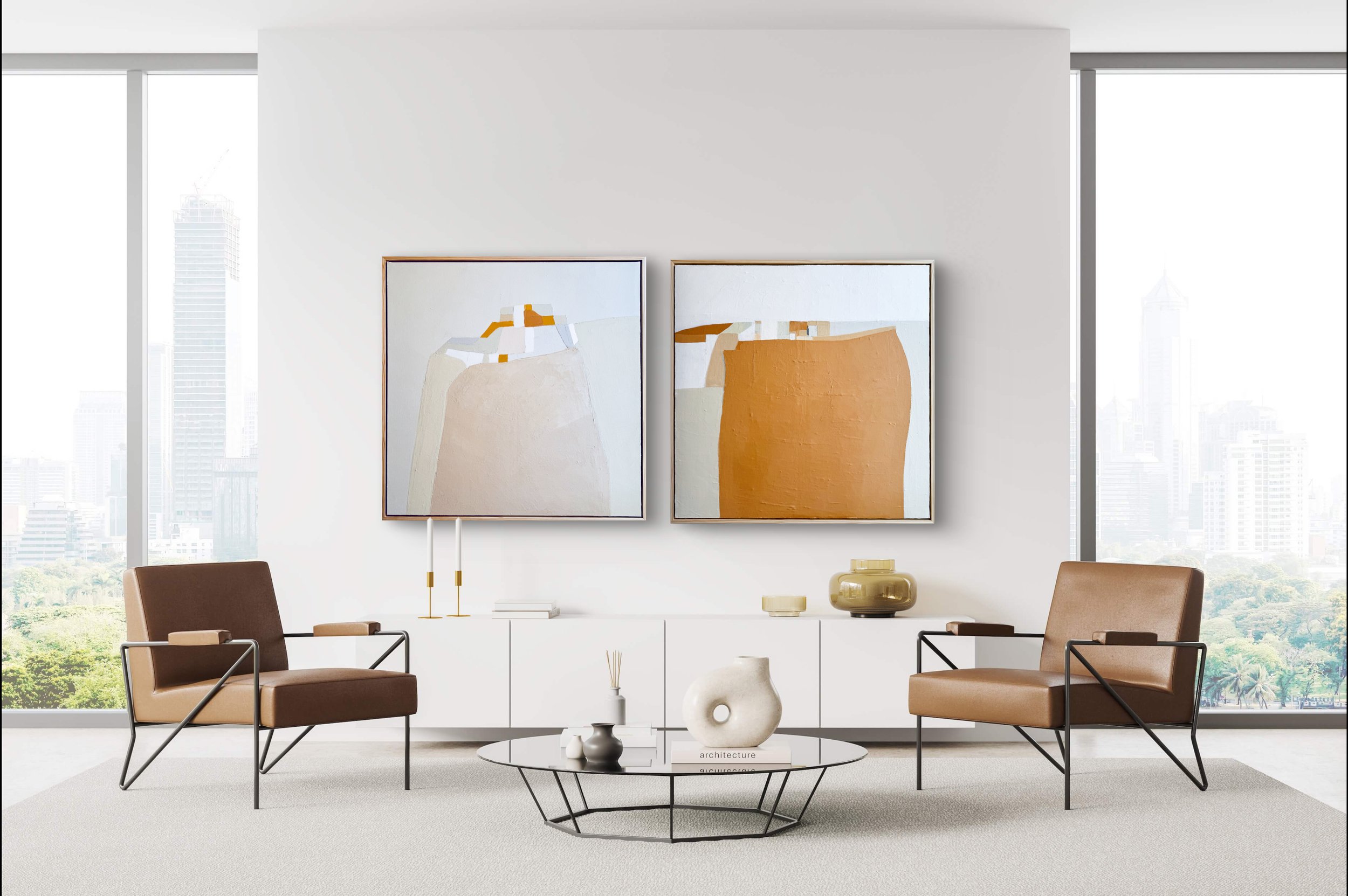Worth the Trip and Spaciousness of Time displayed in a modern living room with clean lines, complementing the light neutrals and warm terracotta tones of the paintings.