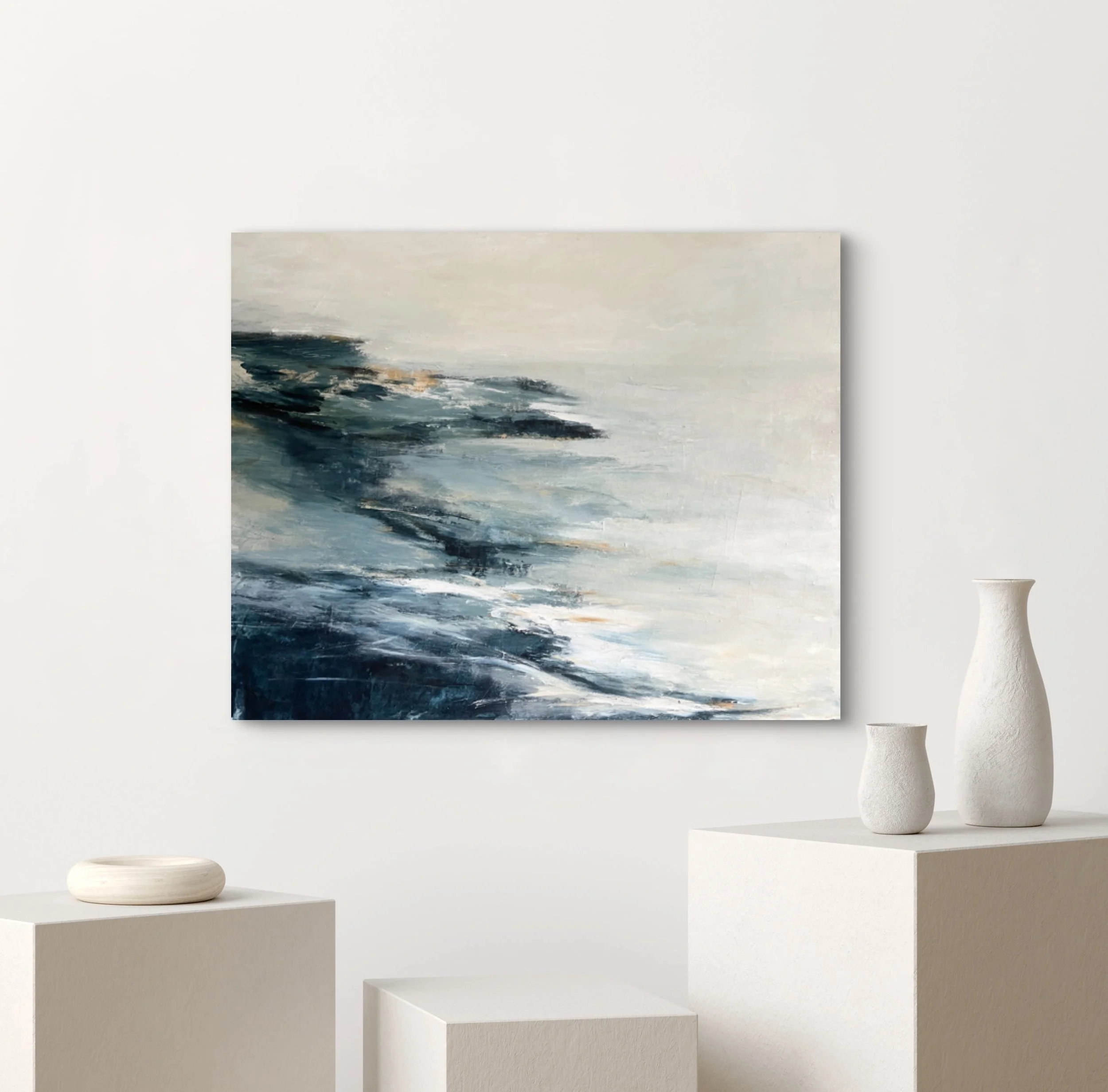 Textured painting Coastal Dreams, with gentle waves of blue and white, offering a soothing, serene presence for any space.
