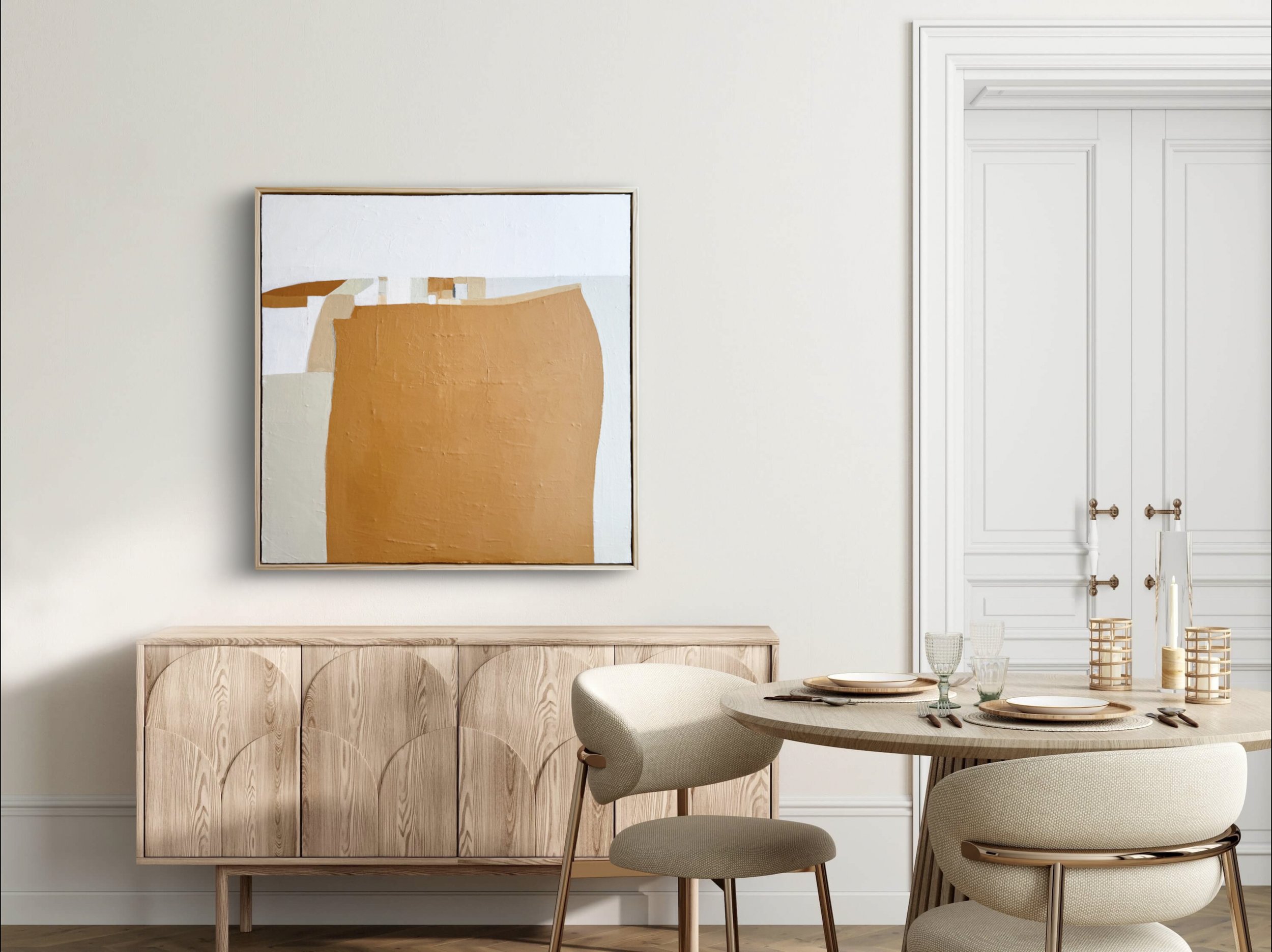 A sleek and minimalist dining room featuring the geometric and textured Spaciousness of Time painting as a focal point.