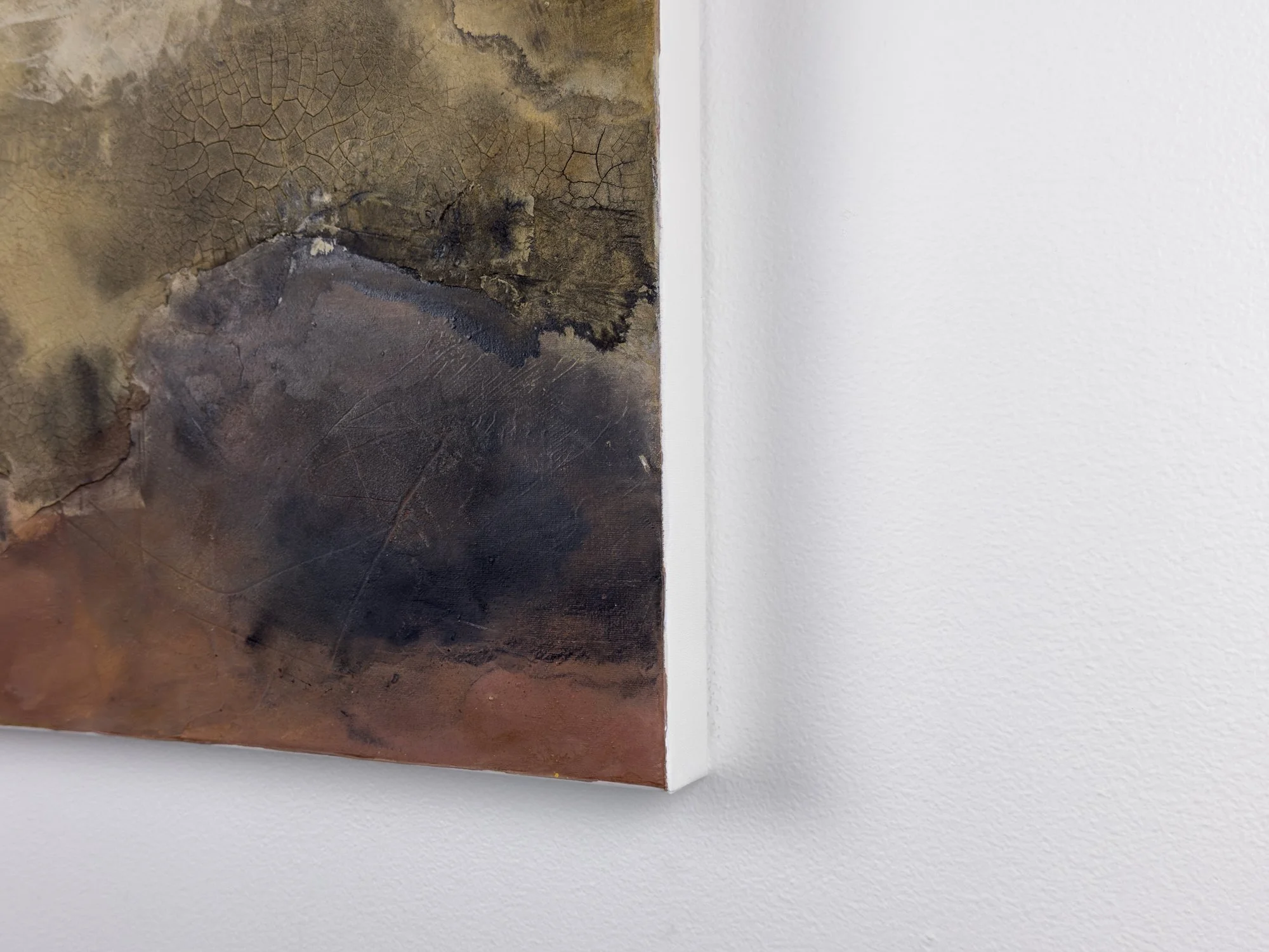 Edge detail of abstract painting Traces of Discovery showing canvas depth and white painted surface wrapping around the sides