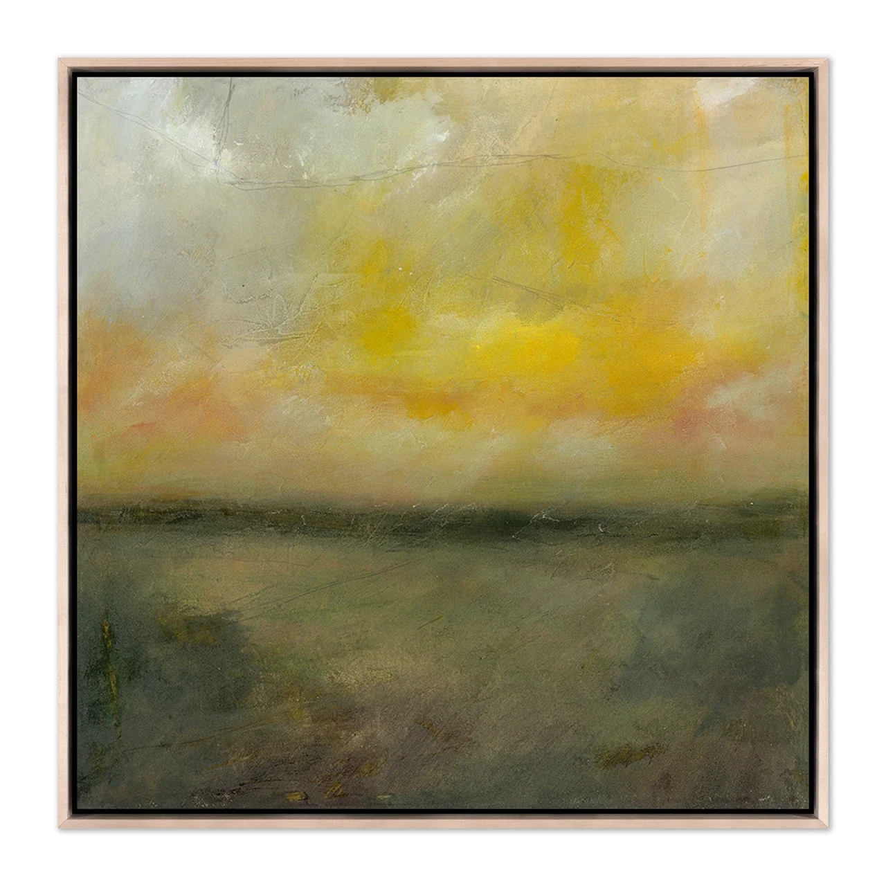 Take Your Time abstract landscape art print by Melanie Biehle, featuring a luminous golden yellow sky above a muted olive green landscape, in a natural wood float frame.