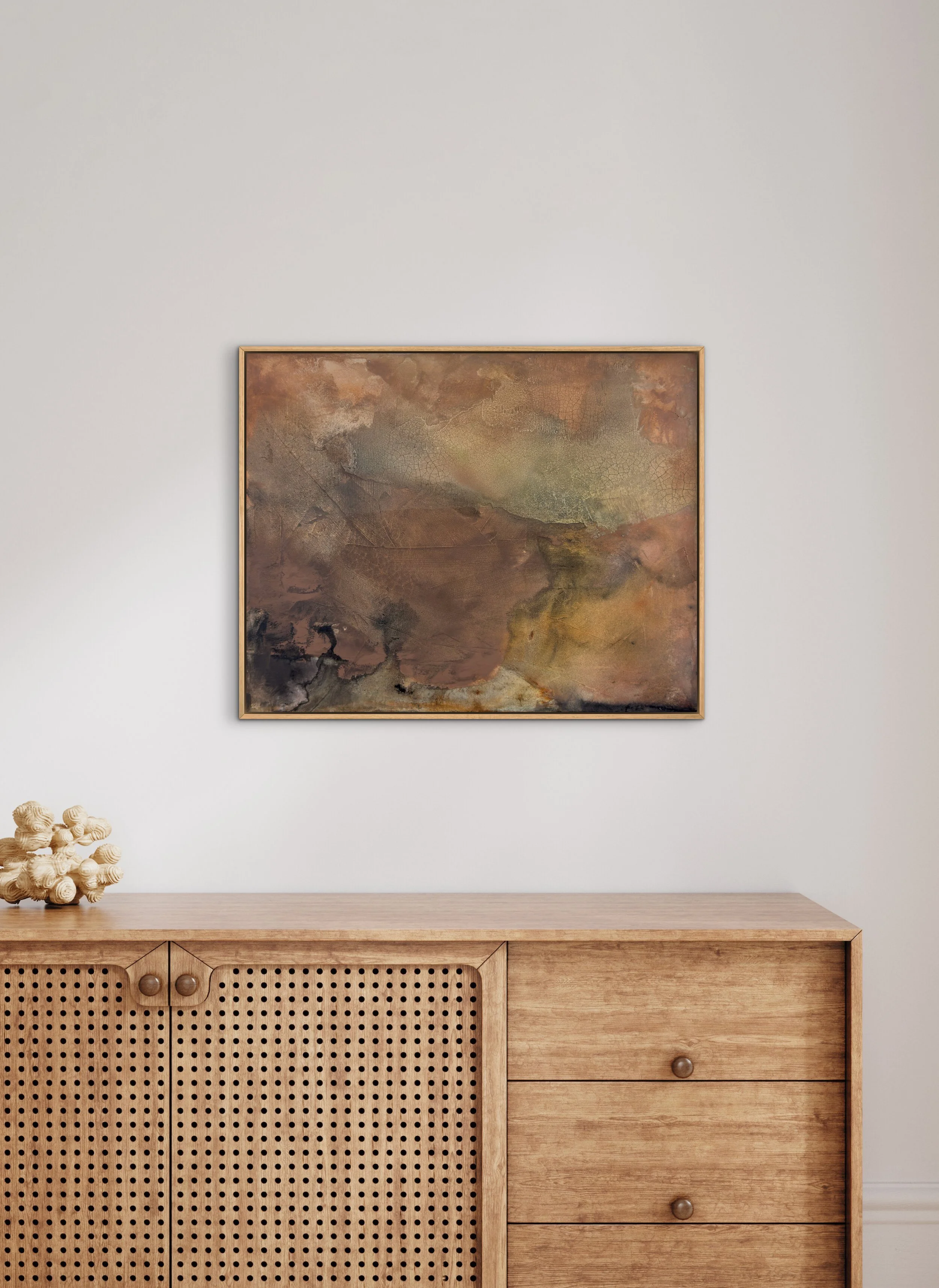 Abstract painting A Lived Life by Melanie Biehle framed above credenza