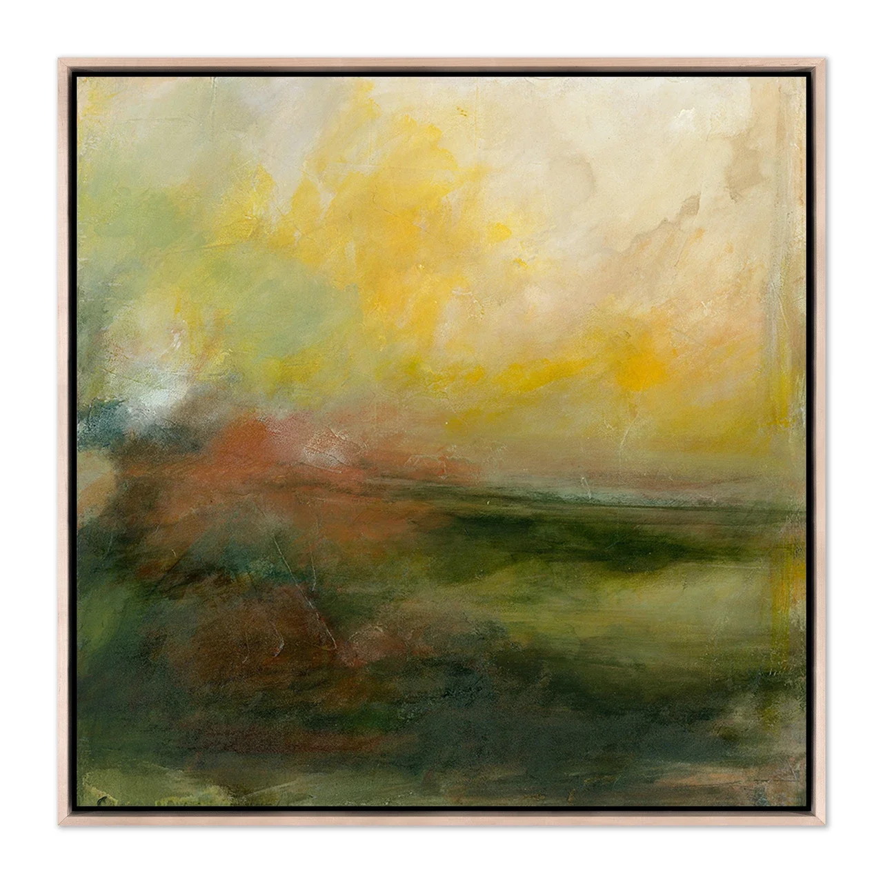 Savor the Moment abstract landscape art print by Melanie Biehle, featuring golden yellow light, rusty orange, and deep green layers in a natural wood float frame.