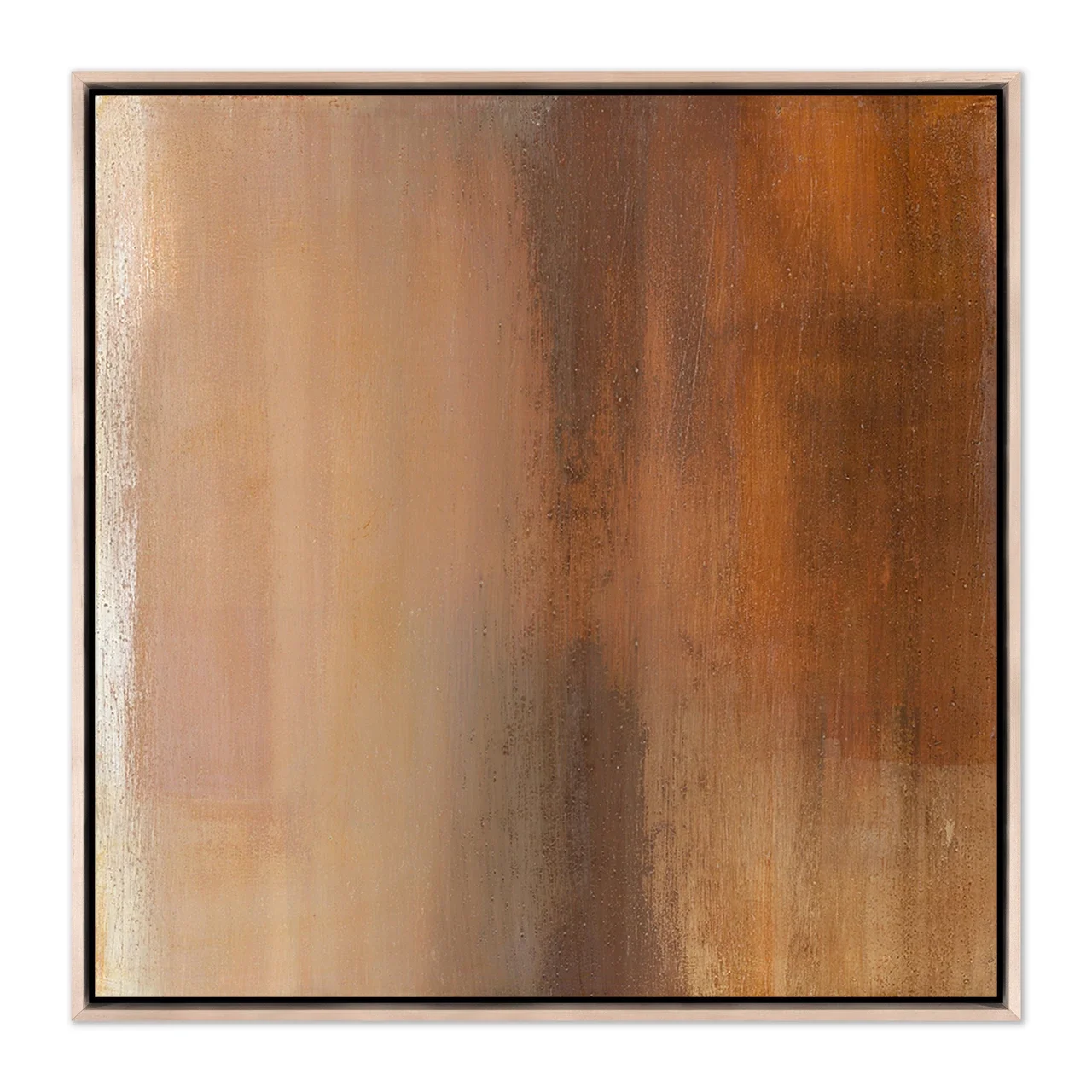 Saunter abstract art print by Melanie Biehle, featuring textured layers of warm terracotta, caramel, and earthy brown in a natural wood float frame.