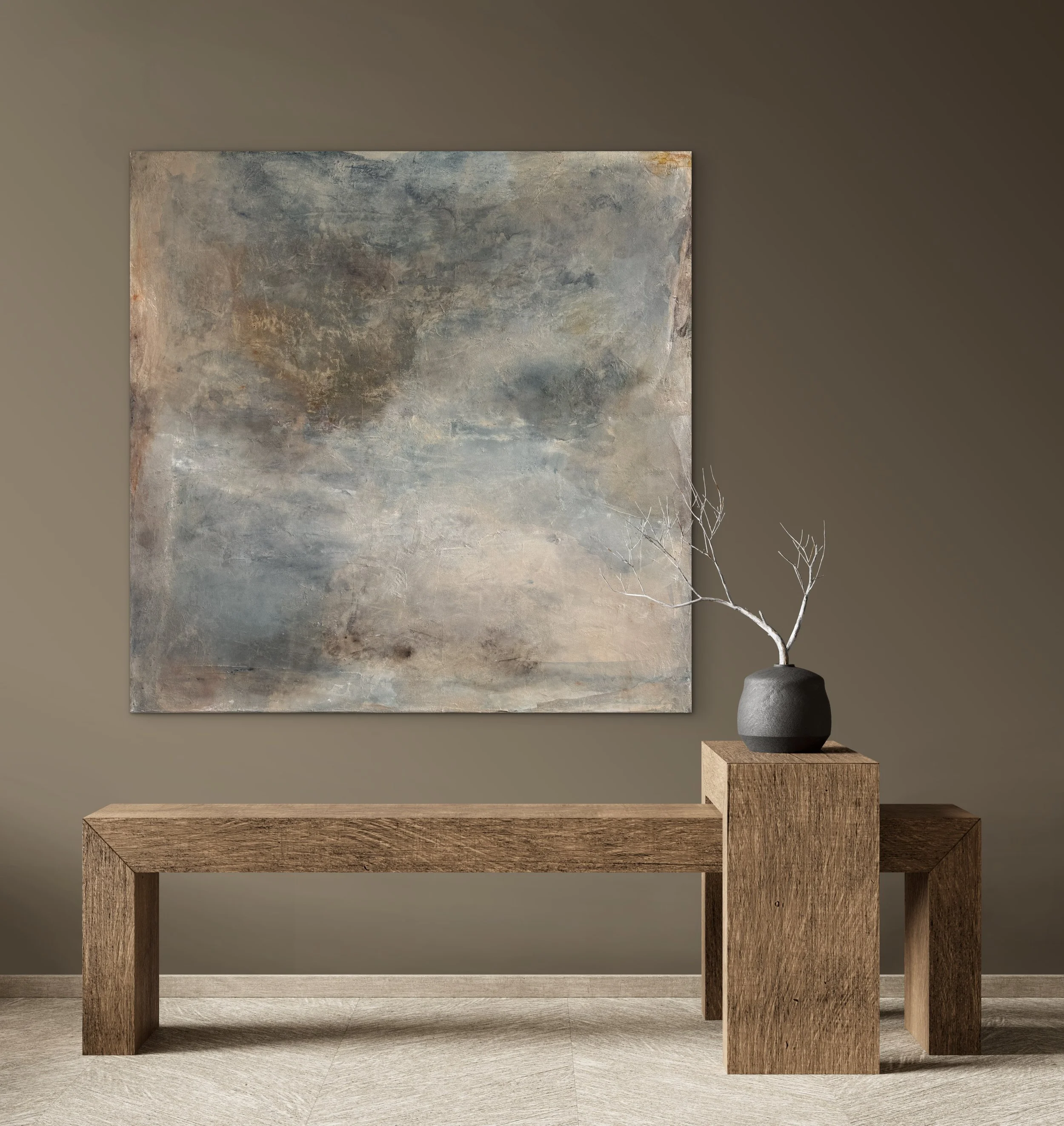 Wayfinder abstract seascape painting styled above a wooden bench..JPG