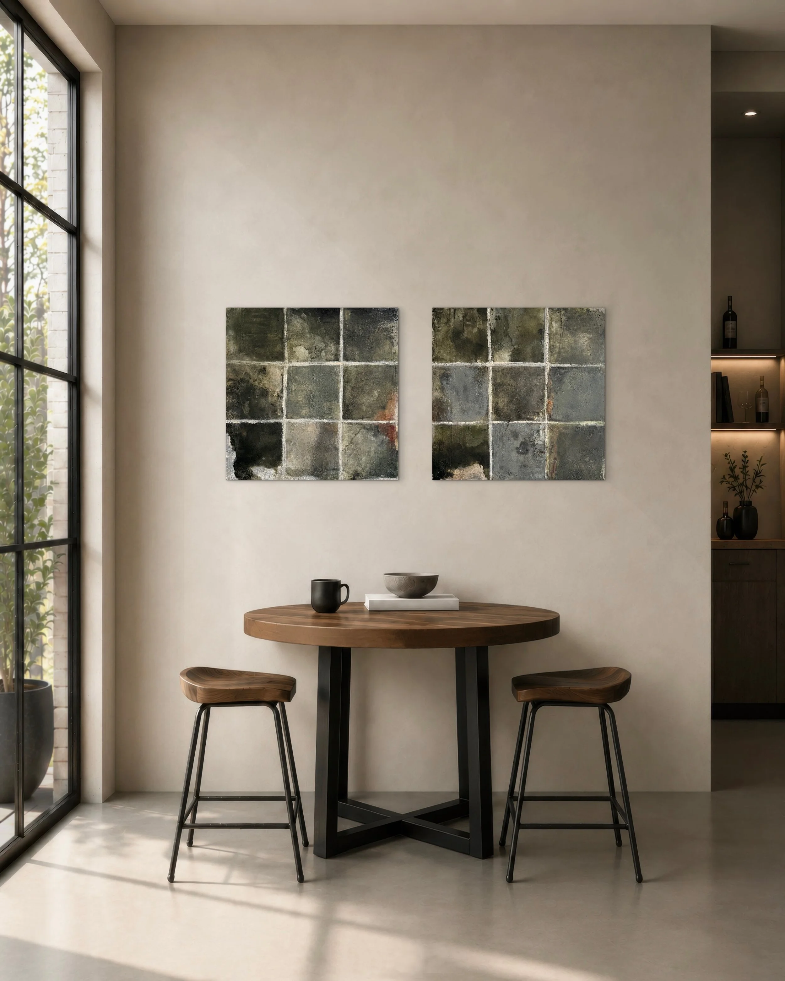 Inhabiting Time No. 1 and No. 2 displayed together above a round wood table in a warm modern interior.