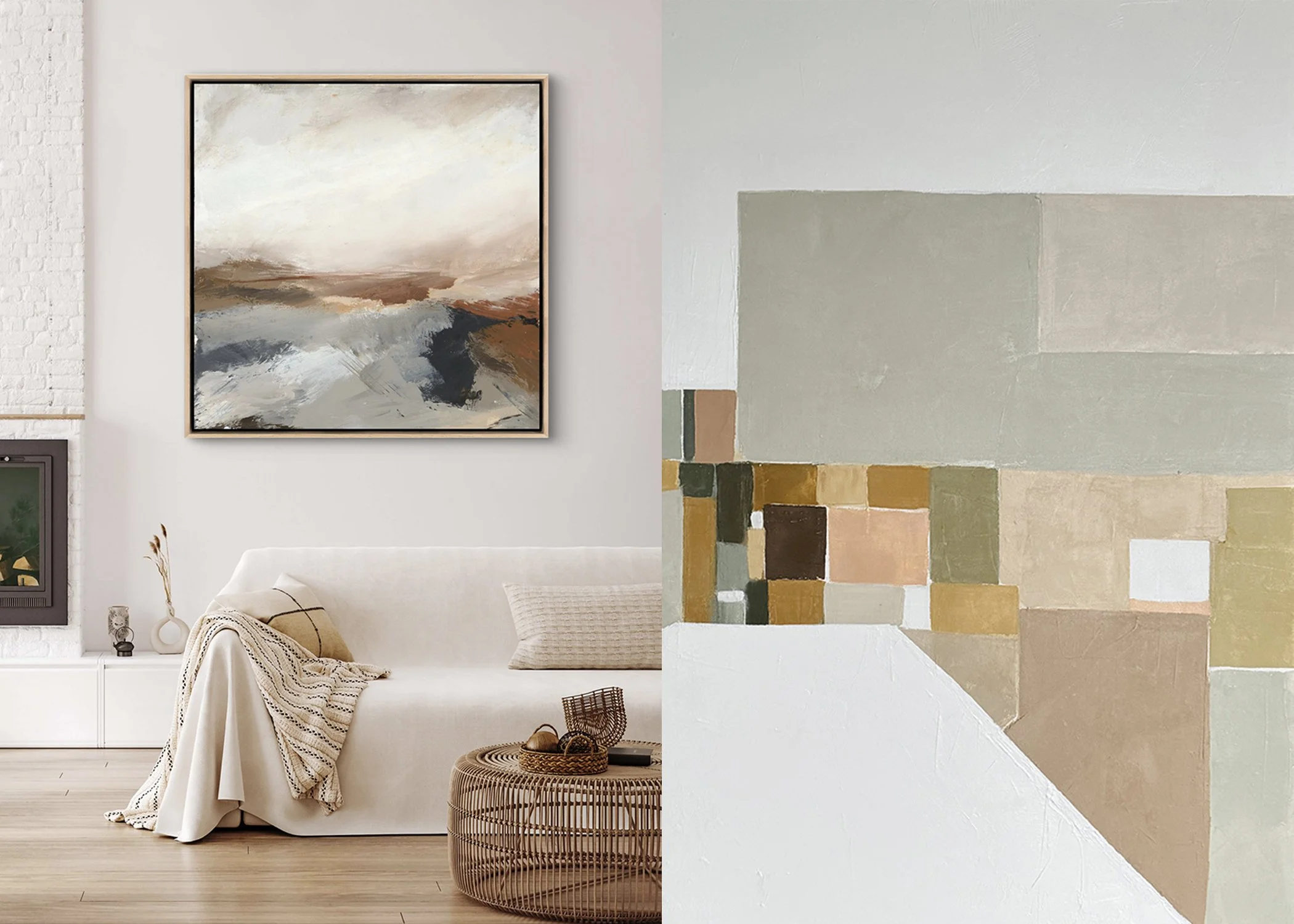 On left - abstract landscape painting by Melanie Biehle displayed in a calm, modern interior setting. On right - Close up section of geometric abstract painting inspired by architectural forms and muted coastal tones by Melanie Biehle.
