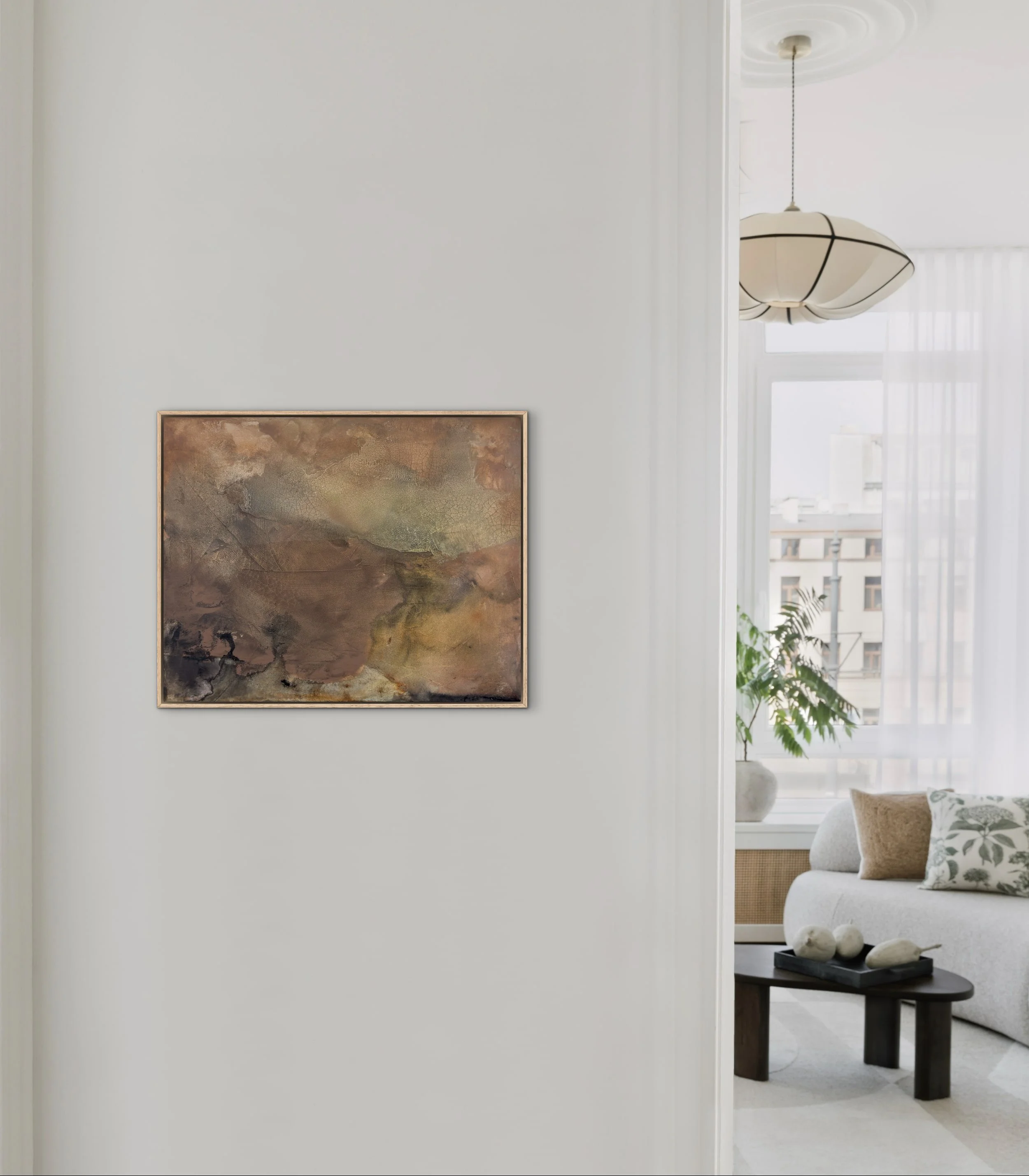 Abstract painting A Lived Life by Melanie Biehle styled framed in a neutral interior setting with soft natural light