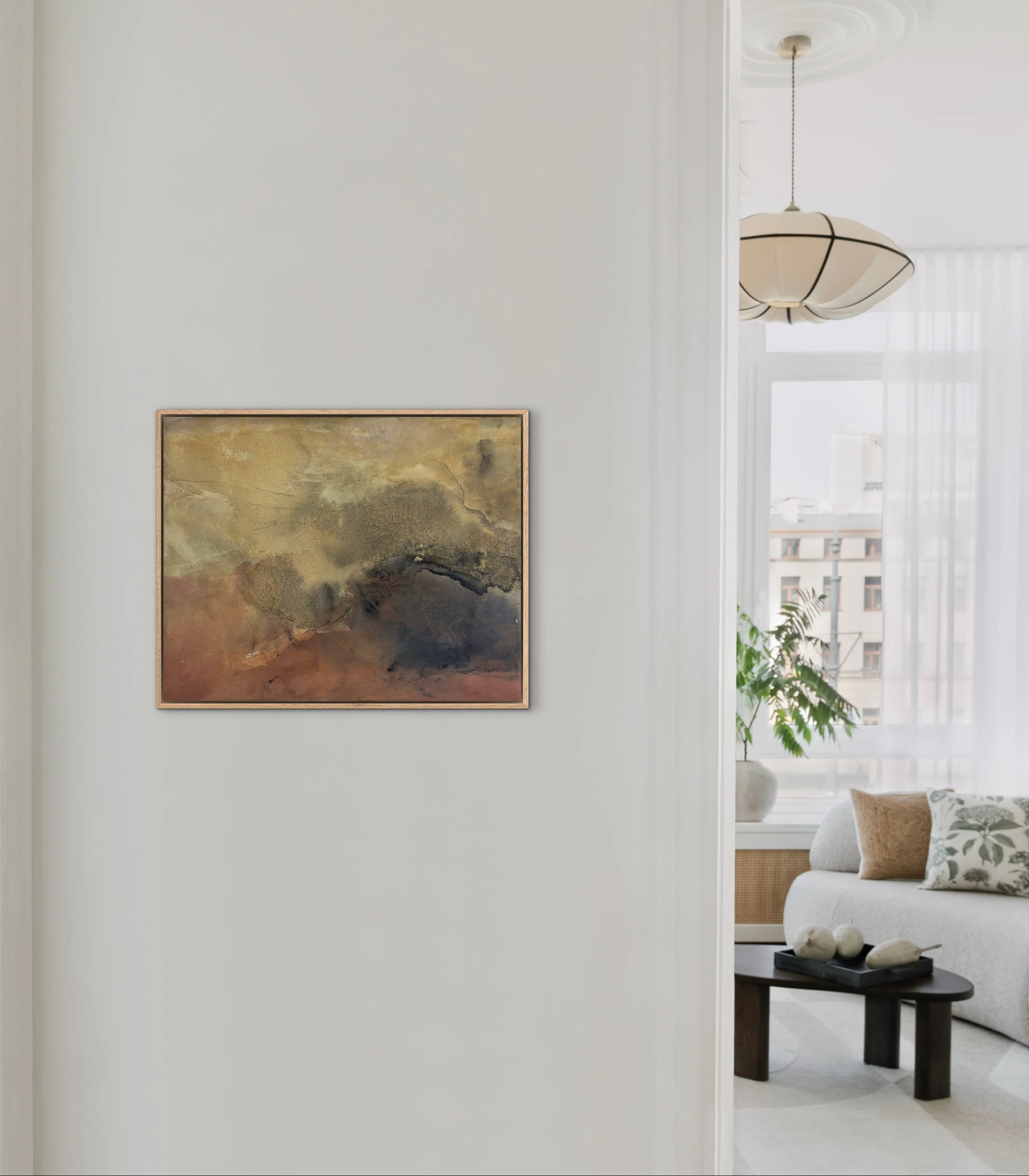 Abstract painting Traces of Discovery by Melanie Biehle styled framed in a neutral interior setting